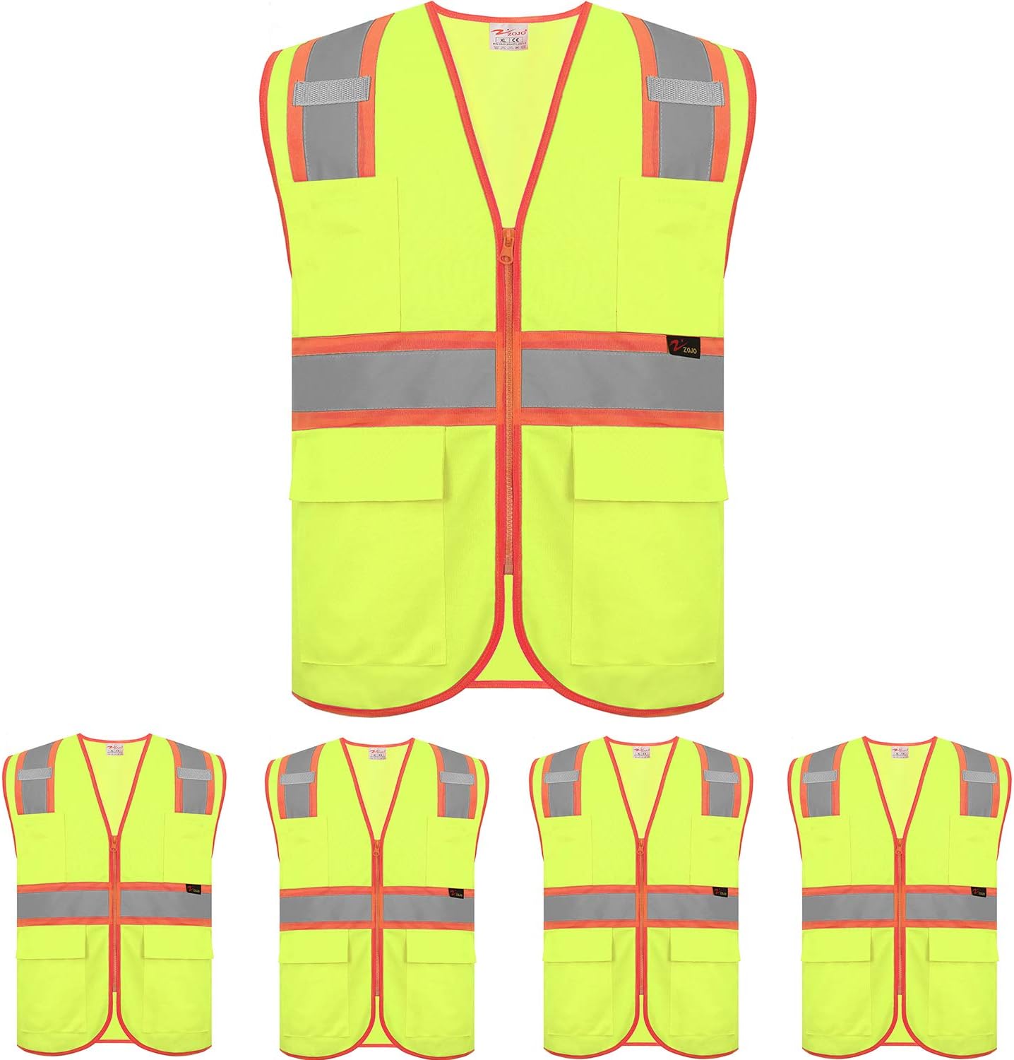 zojo High Visibility Safety Vests With Pockets, 5Packs,Wholesale Reflective Vest for Outdoor Works, Cycling, Jogging, Walking,Sports (Yellow-XL)
