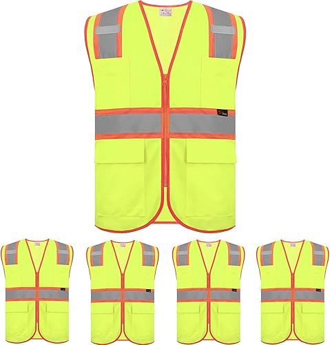Miniatura 1 de zojo Chalecos de seguridad de alta visibilidad con bolsillos, paquete de 5, chaleco reflectante al por mayor para trabajos al aire libre, ciclismo,