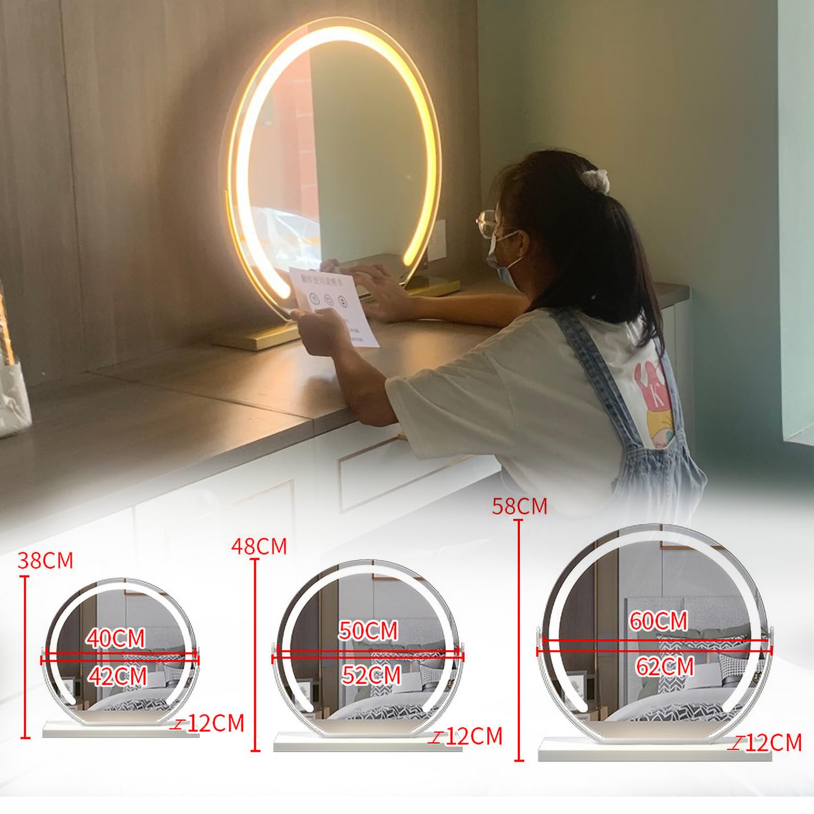Dekoracyjne lusterko do makijażu 30 cm ze światłem, regulowane kolorowe lusterko kosmetyczne, okrągłe lusterko kosmetyczne z oświetleniem na toaletkę, idealne do makijażu