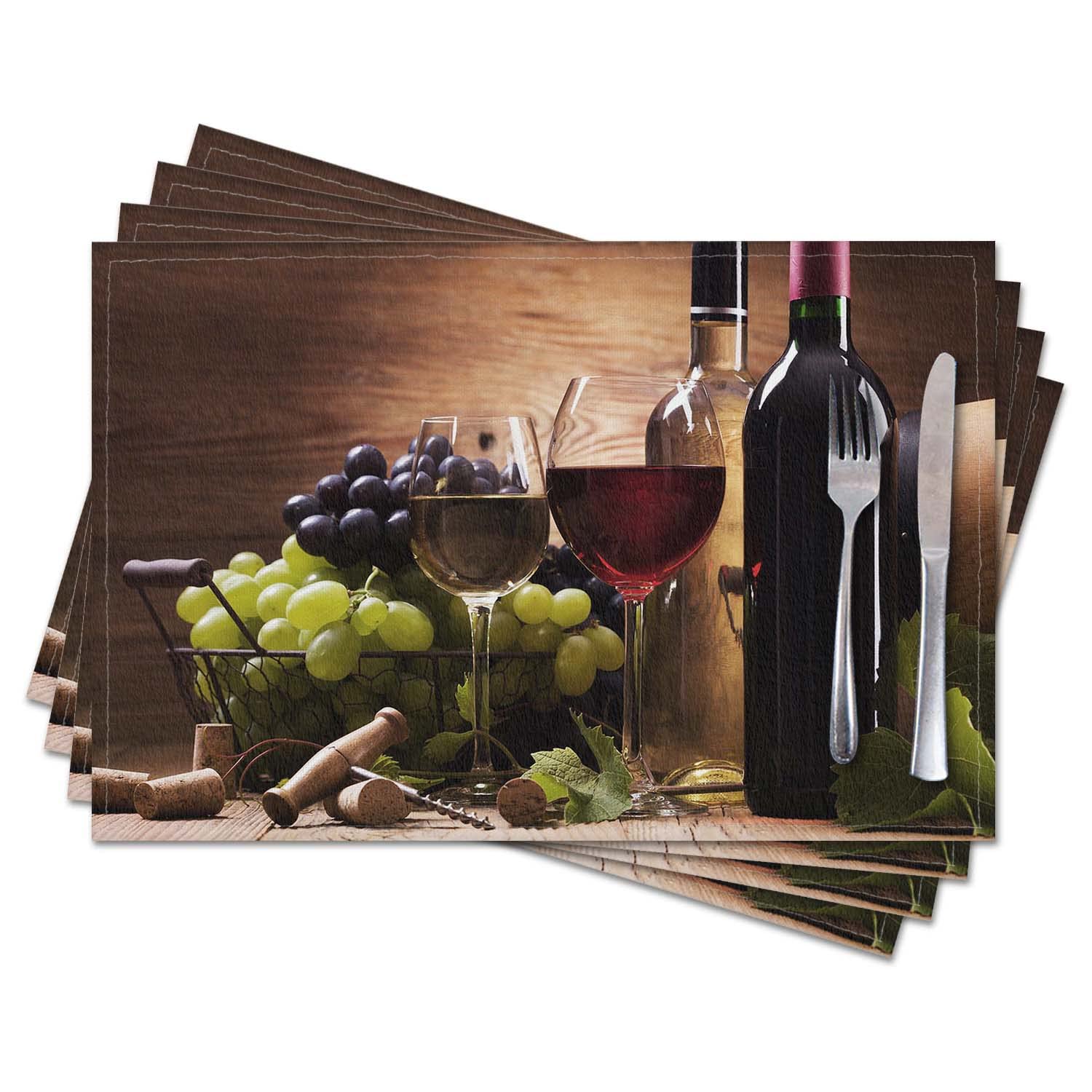 Cloth Placemats Set of 4,Classic Grape Red Wine and Cork Linen Table Mats,Heat Resistant Woven Placemats Non-Slip Dining Table Place Mats for Kitchen,Cafe,Home Decor 18x12in