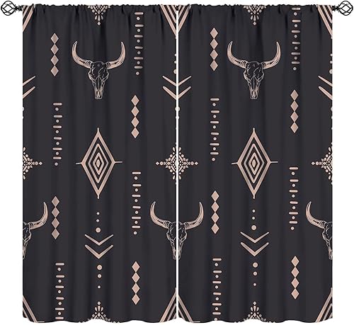 Cortinas occidentales con diseño de calavera de toro, estampado de arte azteca bohemio para dormitorio, sala de estar, cocina, decoración con