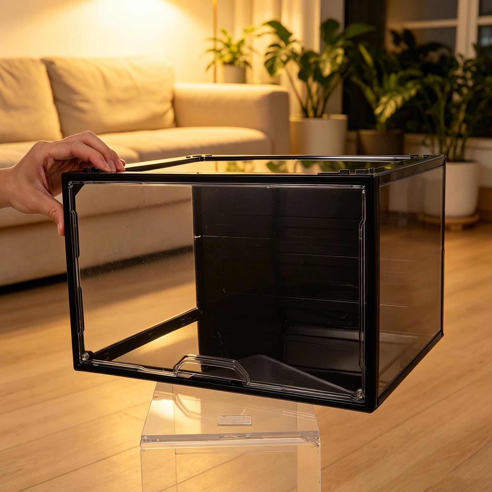Caja Estructura Apilable de Acrílico Transparente para Zapatos con Apertura Lateral, Resistente Compresión y Diseño Cristalino para Organizar Botas y Zapatillas Armario o Entrada