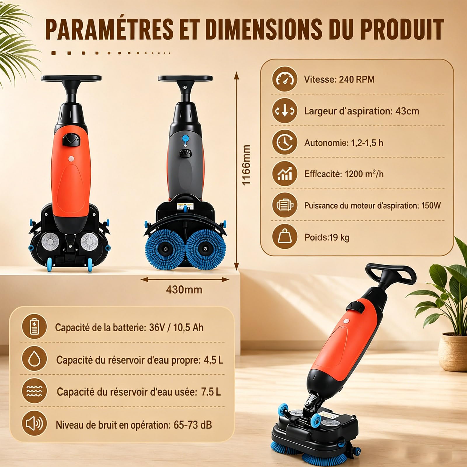 Autolaveuse Verticale et Aspirateur Nettoyeur Sol, Design Compact, Double Brosse Rotative 360°, Nettoyage en Profondeur pour Carrelage et Parquet Blanc-220V