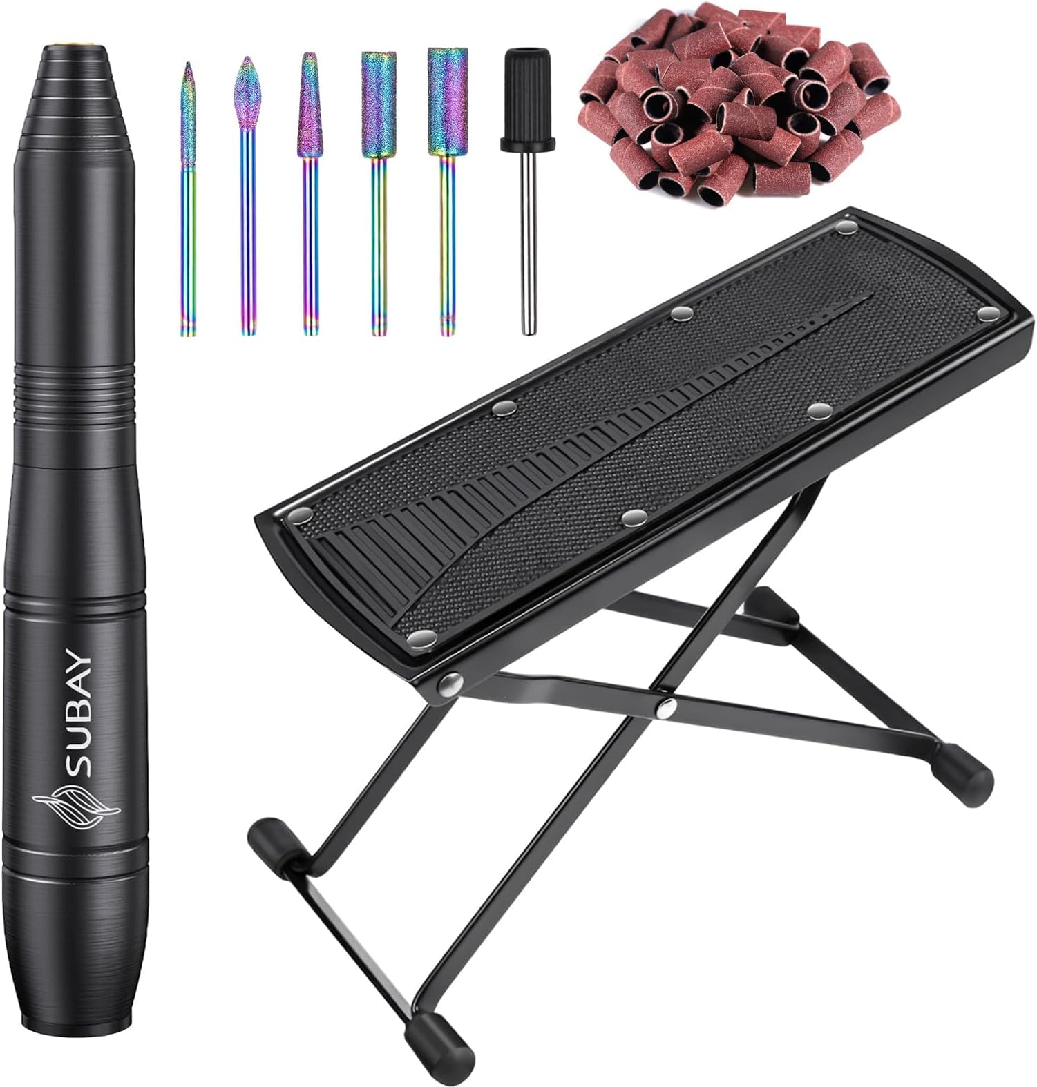 Subay Electric Nail Drill File for Acrylic Gel Nails with Foldable Non-Slip Pedicure Foot Rest for Easy at Home Pedicures