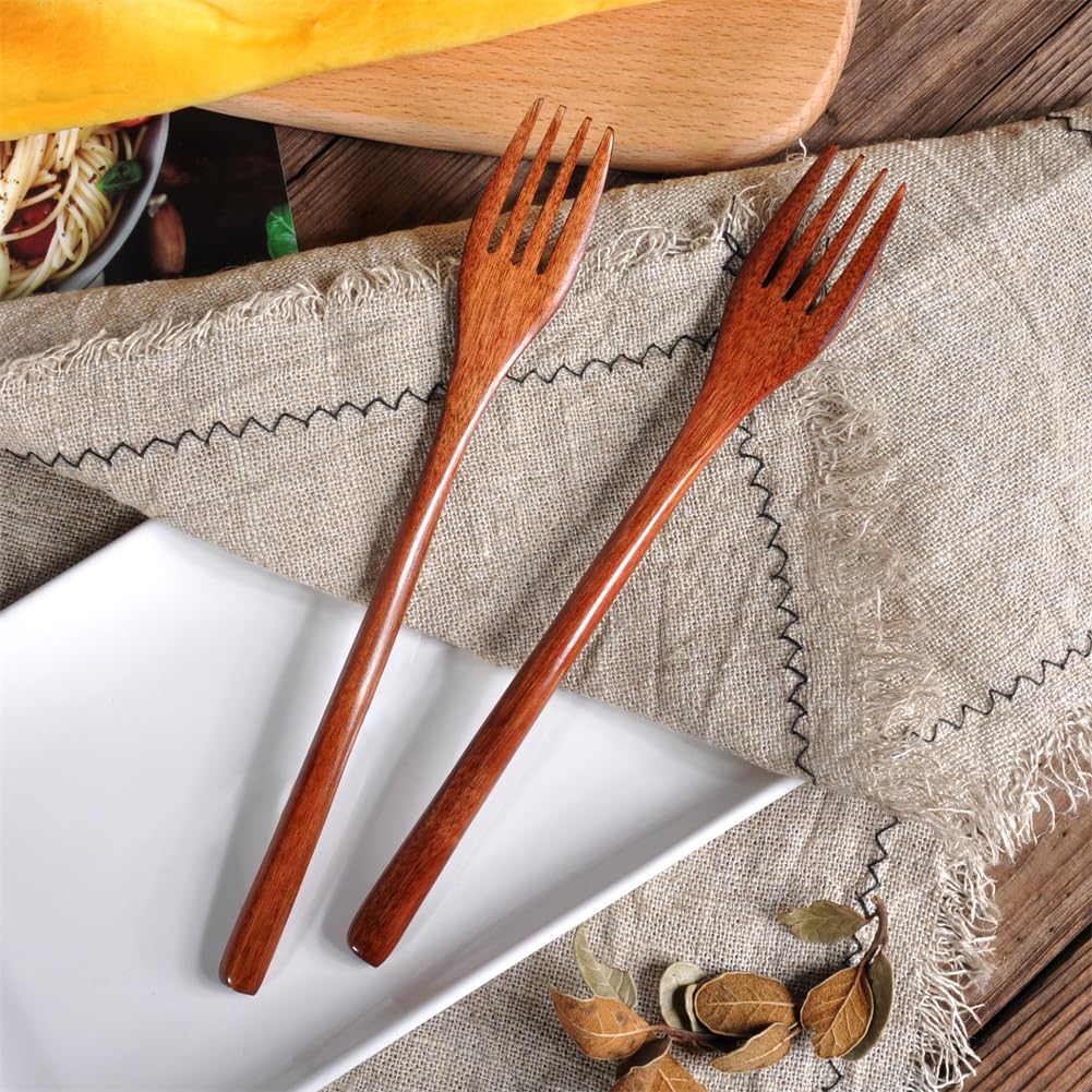 2 Pieces Wooden Forks, 8.8"" Wood Utensils Set, Kitchen Dinner Fork for Food, Desserts, Salad, Fruit, Wood Cutlery for Travel, Brown — Amazon image 3