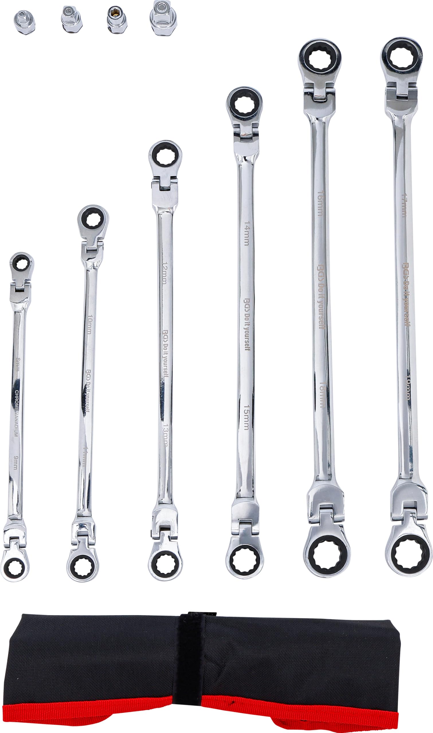BGS Diy 91541 | Juego de llaves articuladas dobles con carraca | 8 - 19 mm | 10 piezas | Acero al cromo vanadio | 72 dientes | articulación 90° continua | adaptador para llaves de vaso | bolsa enrollable Tetron