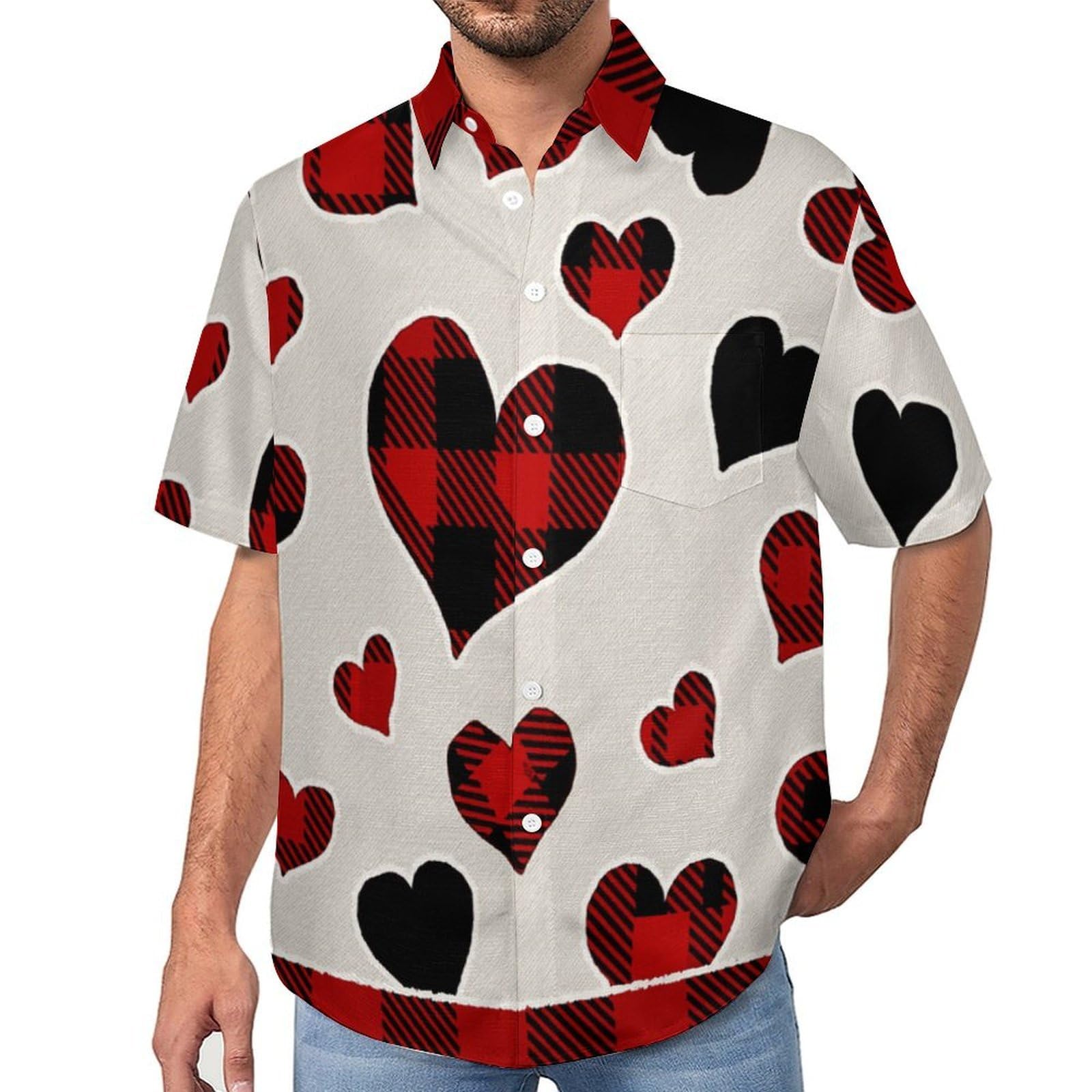 Camicia da Uomo a Maniche Corte con Bottoni, Stile Bordo A Griglia con Stampa Cuore, vestibilità Regolare, Camicie da Spiaggia Estiva Hawaiano, Aloha