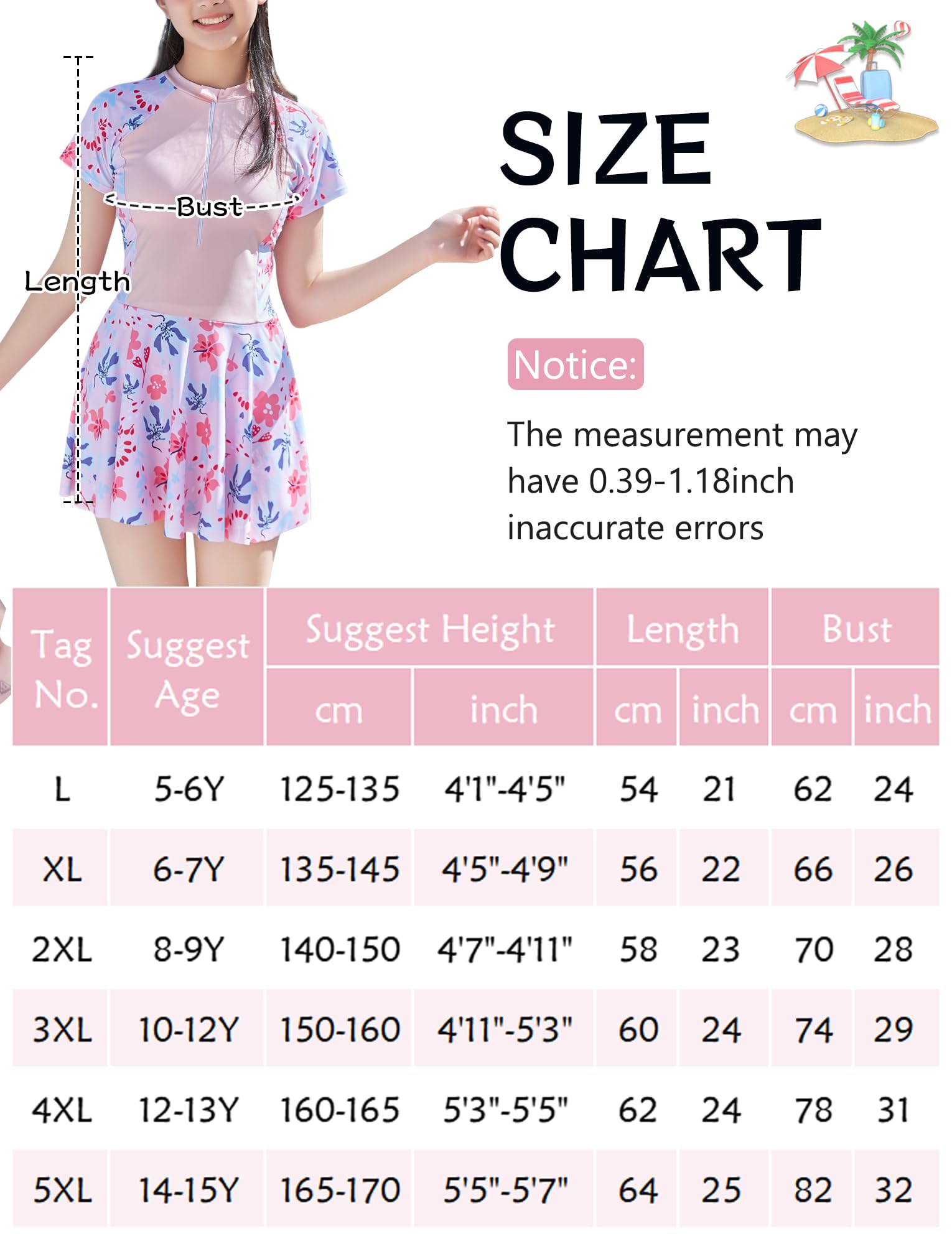 Happy Cherry Maillot de Bain Jupette Filles Manches Courtes Robe de Natation avec Short Eté Plage Surf Ados Fille 5XL