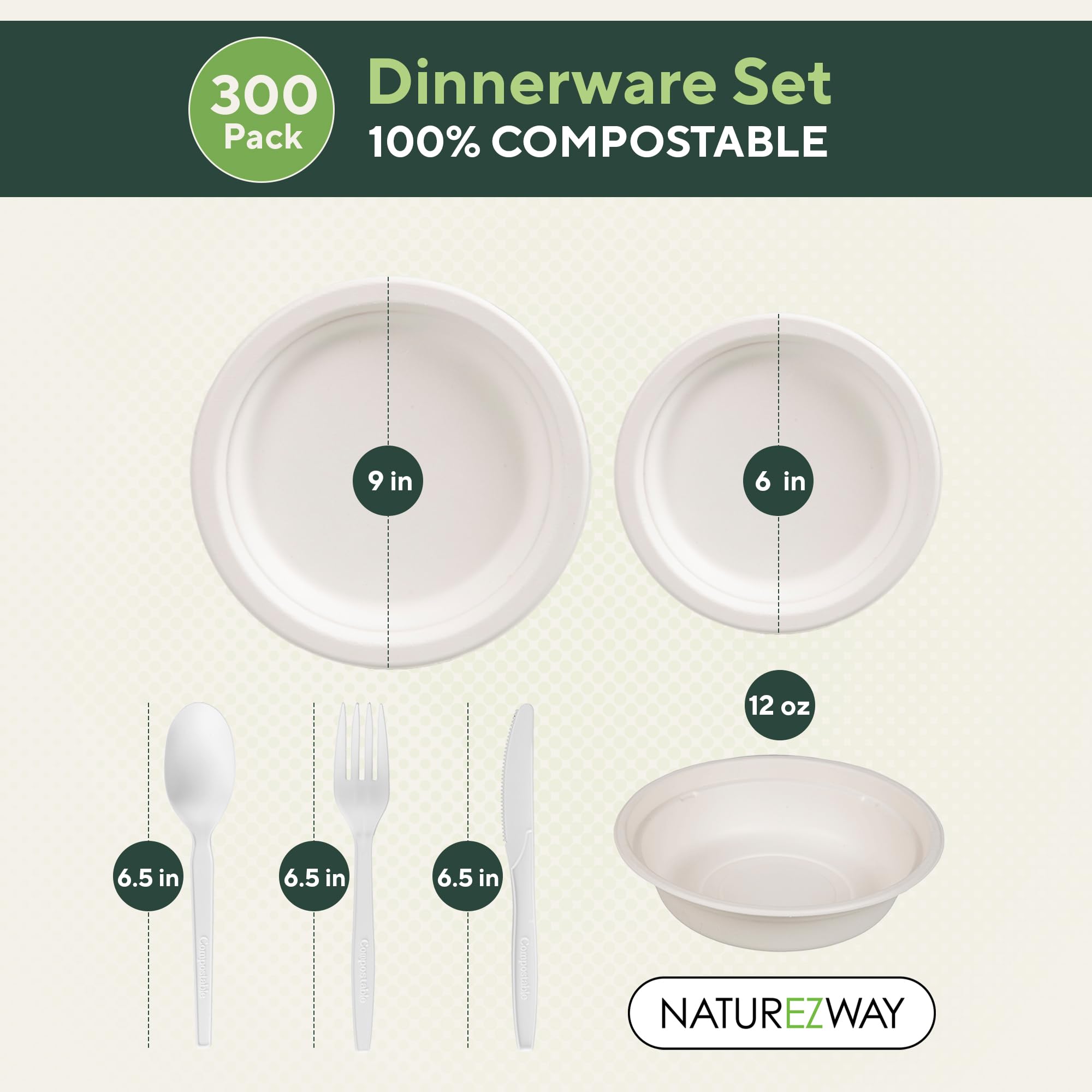 Compostable Bamboo Paper Plates Set by Naturezway,300 Pieces - Eco-Friendly & 100% Natural Disposable Plates, Bowls, and Utensils for Parties, Weddings & Events, Sturdy, and Stylish