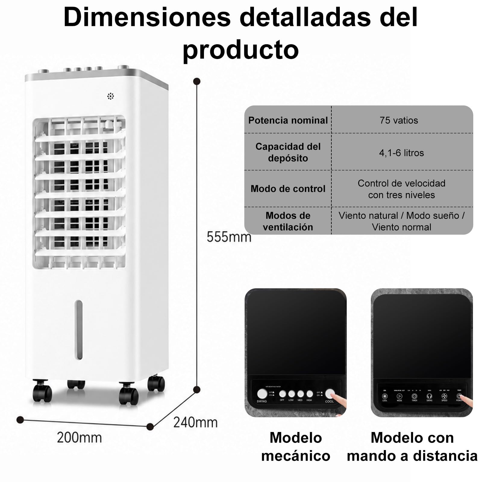 Climatizador Portátil Evaporativo,Oscilación 90°,3 Velocidades y Modo Sueño | Enfriador de Aire con Cristales de Hielo 75W Bajo Consumo, Depósito 4,1-6L,con Mando a Distancia y Ruedas para Hogar Oficina