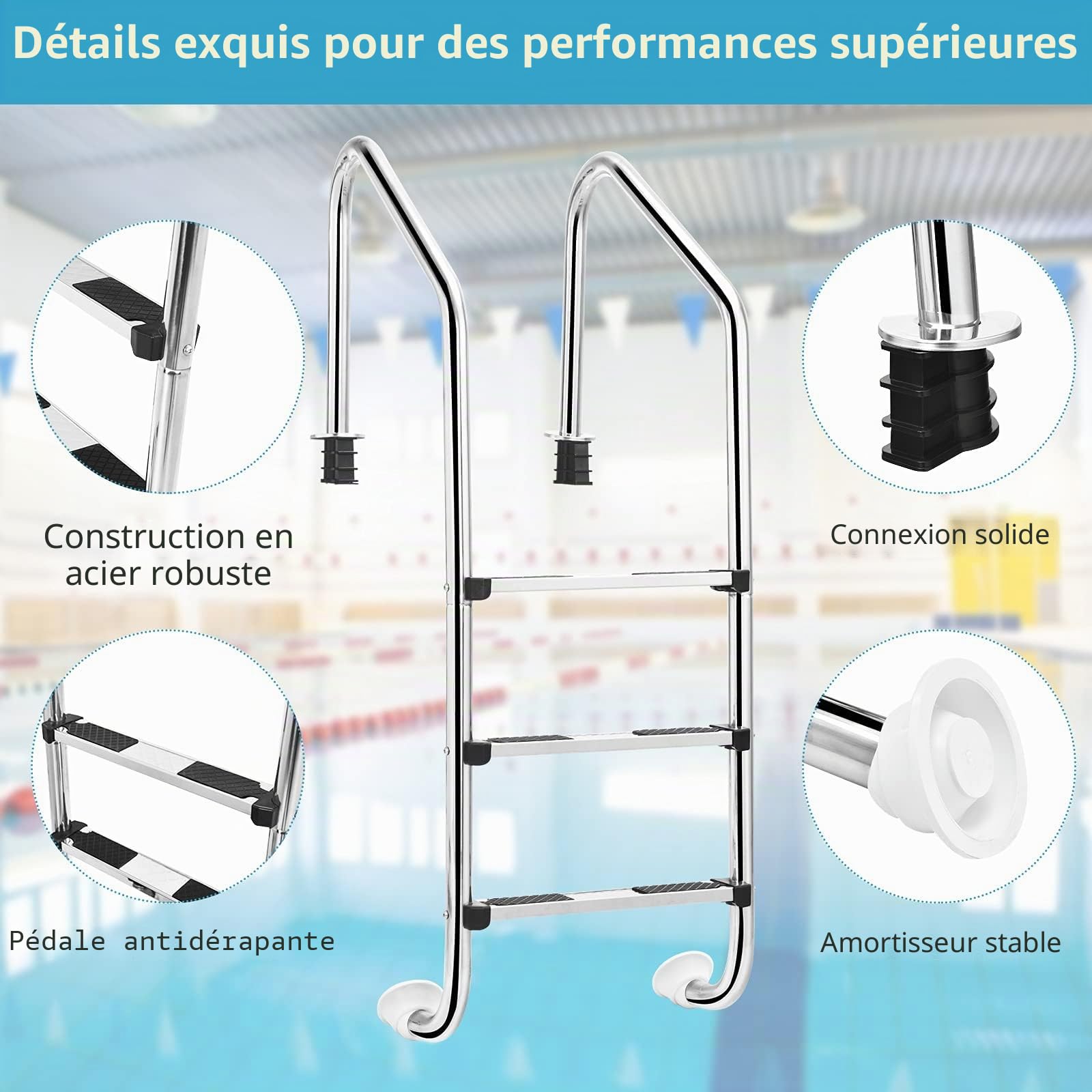 FANTASK Échelle de Piscine à 3 marches en Acier Inoxydable - Charge maximale : 150 kg - Échelle d'entrée argentée - 53 x 63 x 147 cm