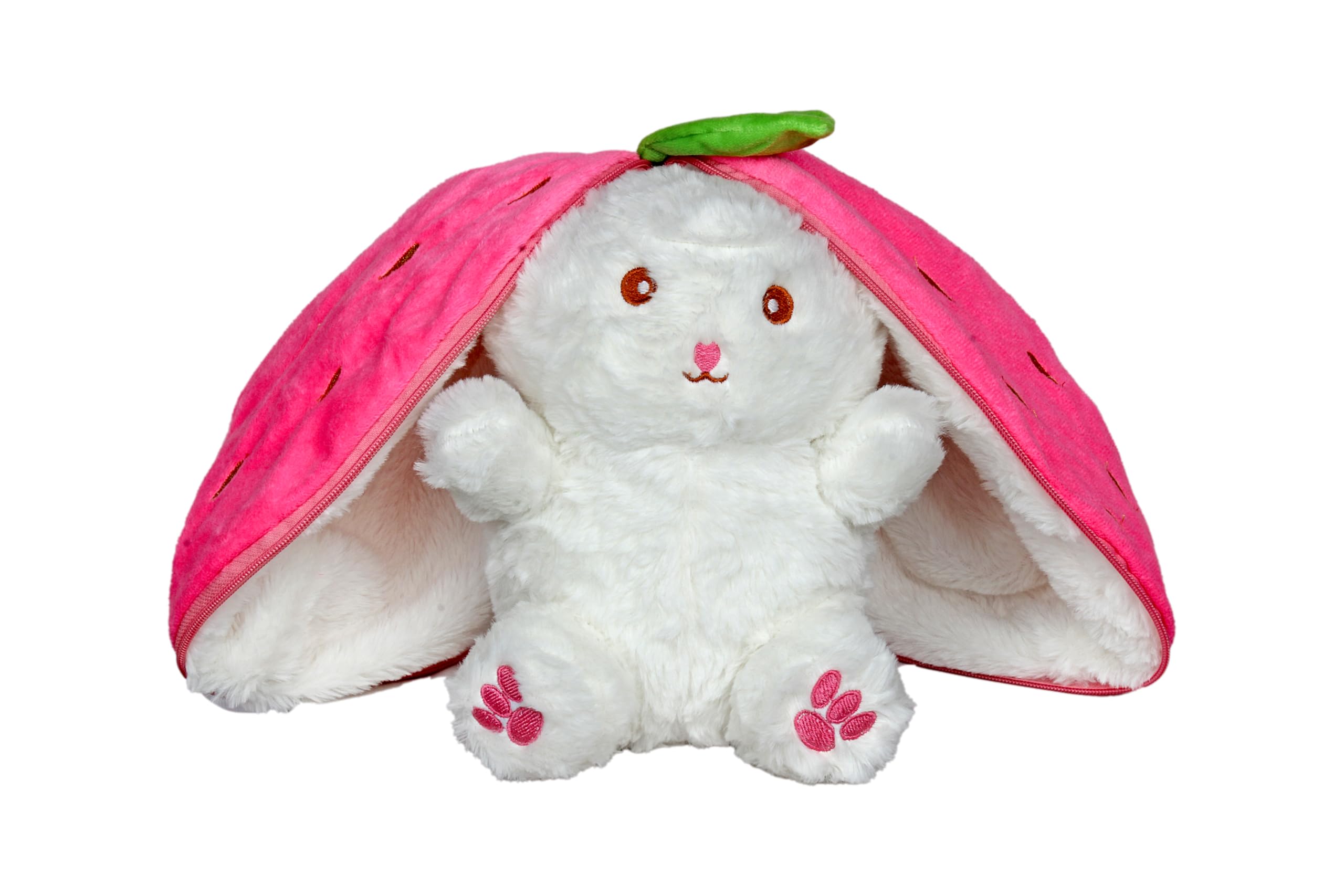 Adorable White Furry Bunny Plush, Soft and Cuddly, with Pink Ears and Strawberry Backpack, 25 cm