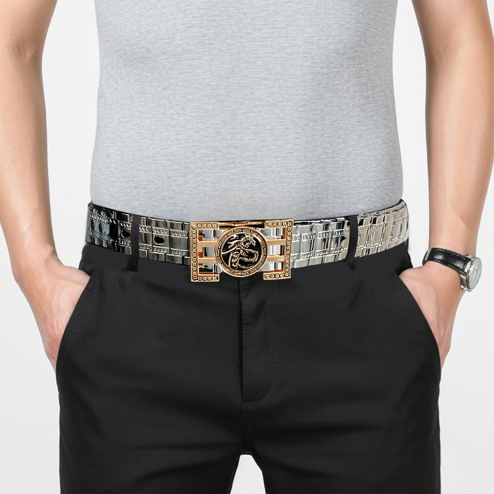 YJSG Metal Belt Men?Stainless Steel Belt Fashion Jeans Punk Goth Dragon Totem Gold Silver Buckle,Gold,130CM/51.2''