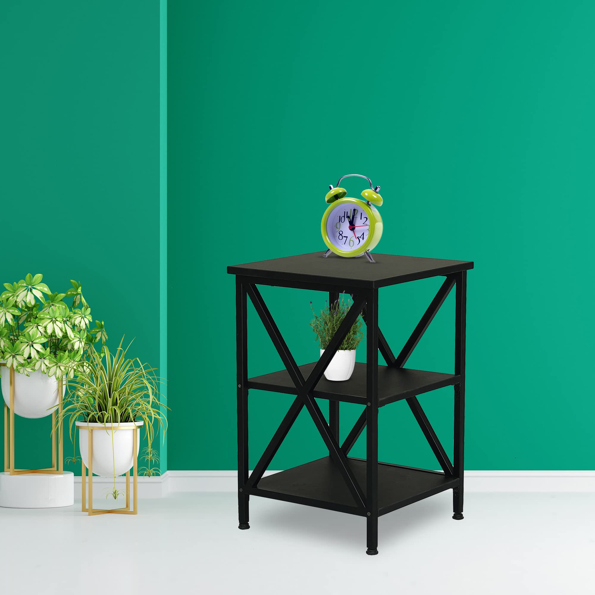 RIGID Bedside Table with 3 Shelves Storage | Side Table for Bed & Sofa | Metal Nightstand with X-Shaped Steel Frame for Bedroom, Living Room, Home Furniture (Black, 40D x 40W x 40H CM), Assembled