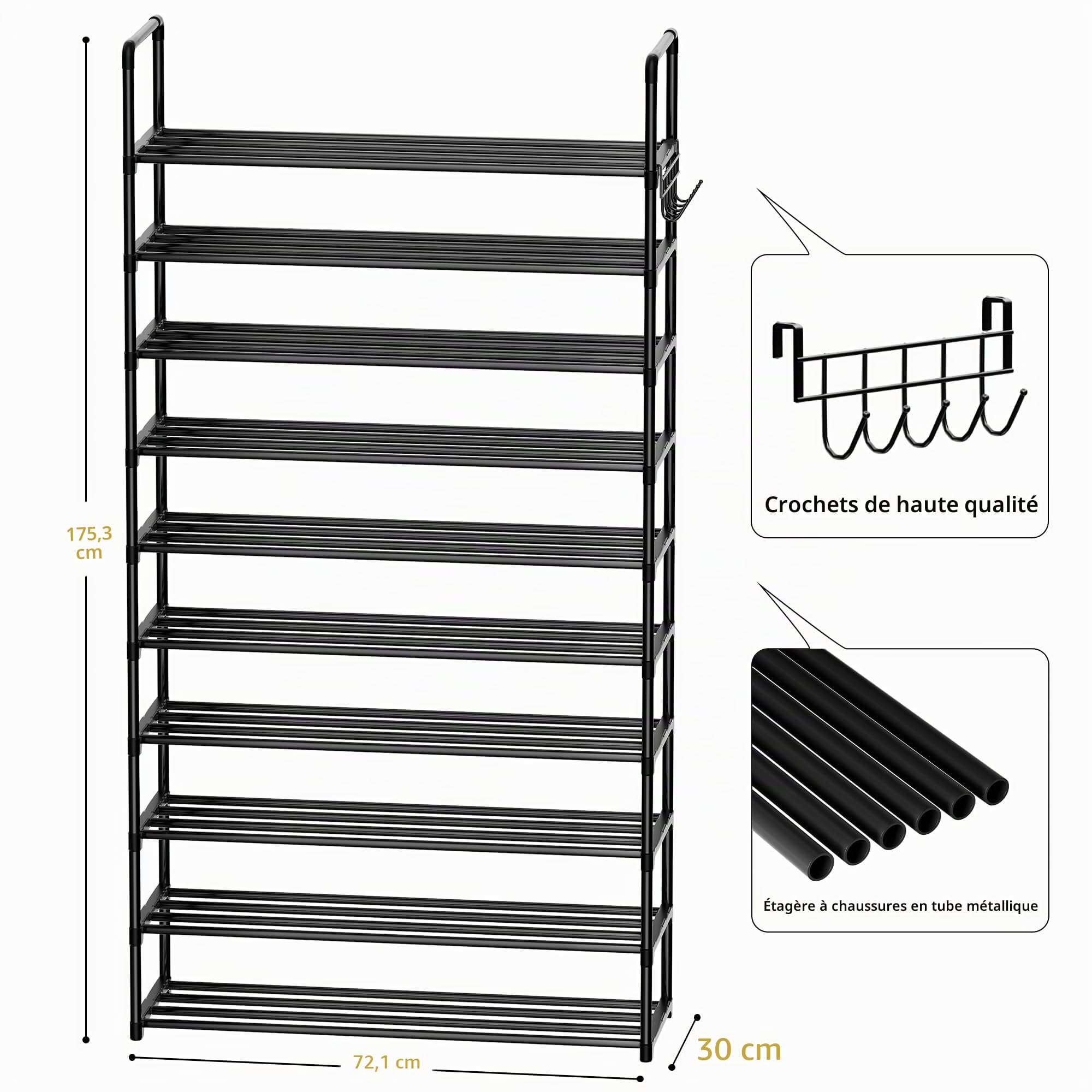 SPUSEN Étagère à chaussures en métal, 10 niveaux avec crochets, convient pour 40 à 45 paires de chaussures, étagère à chaussures haute en métal pour placard, entrée, garage, chambre, vestiaire