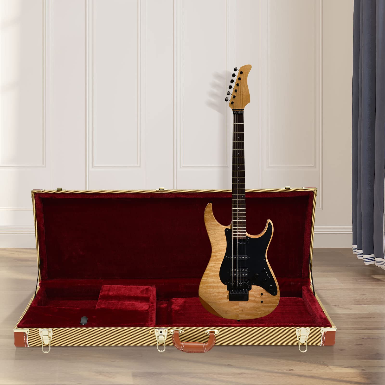 E-Gitarre Hartschalenkoffer, Abschließbar Rechteckig E-Gitarren Case Box E-Gitarrenkoffer mit Schlüssel Guitar Case für Standard E-Gitarre (Gelb)