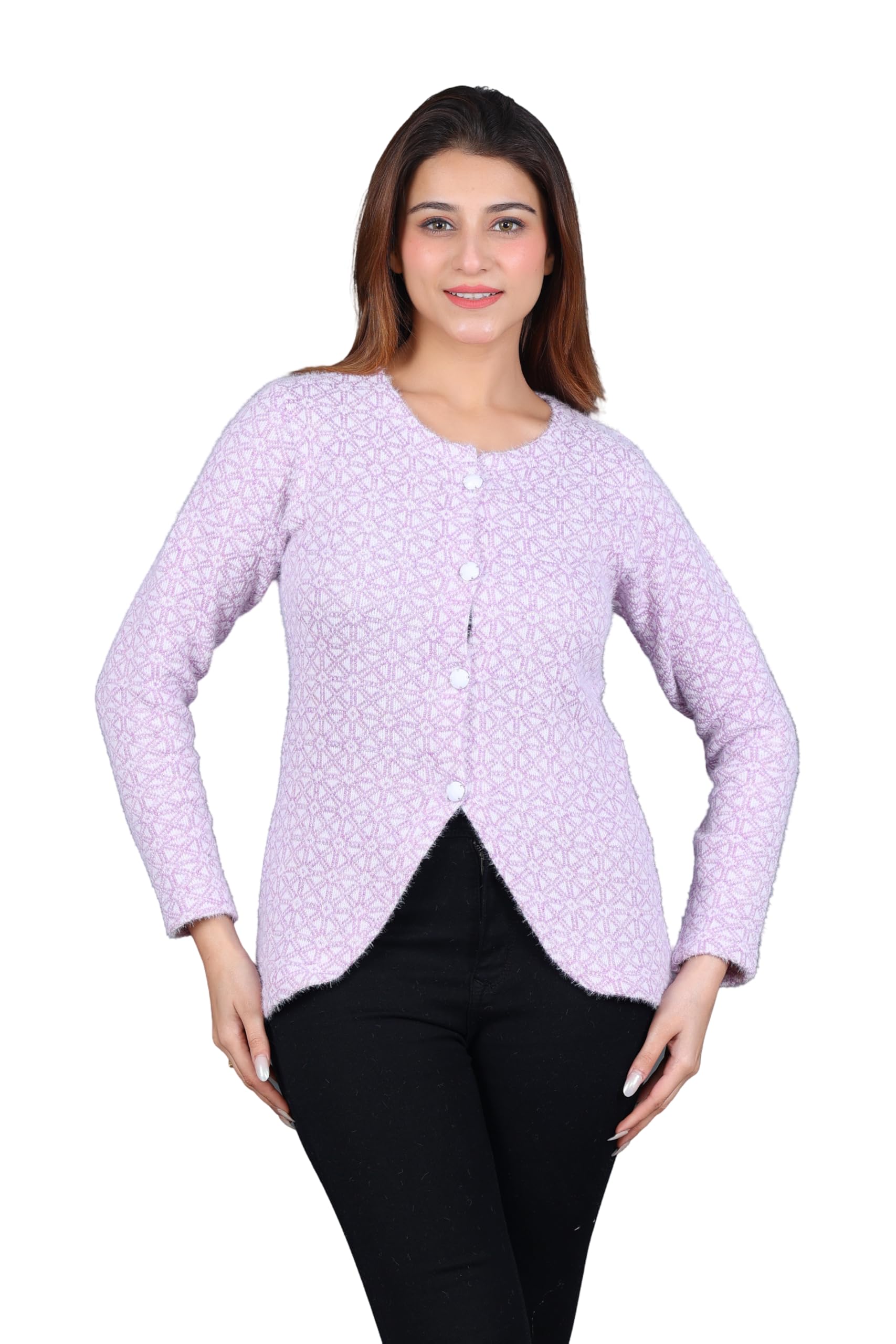 dadu dayal Women Woolen Round-Neck Self Design Cardigan Sweater for Winter Wear Full Sleeves Crop Design-picture-1
