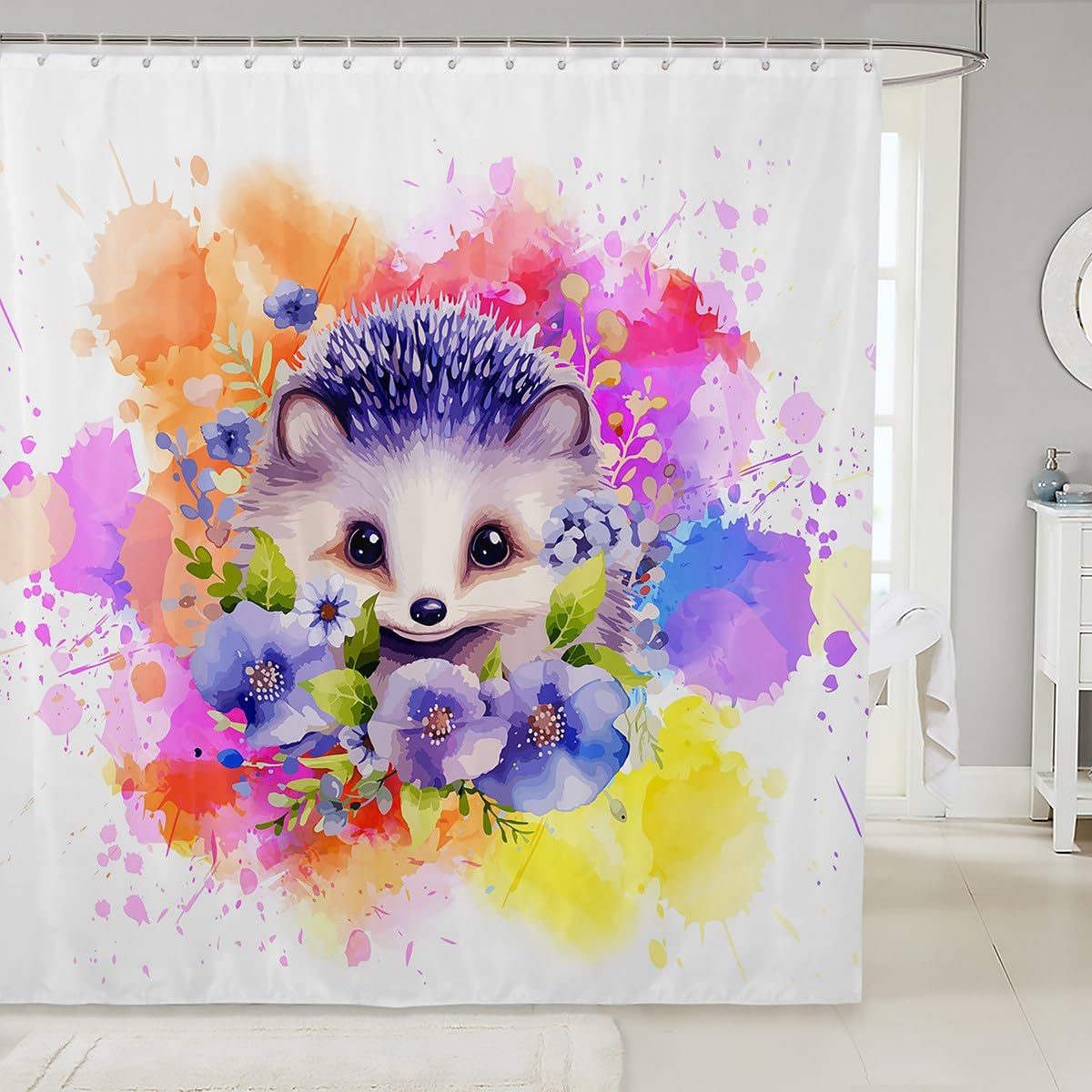 Rideau de douche pour enfants motif hérisson aquarelle pour une salle de bain joyeuse