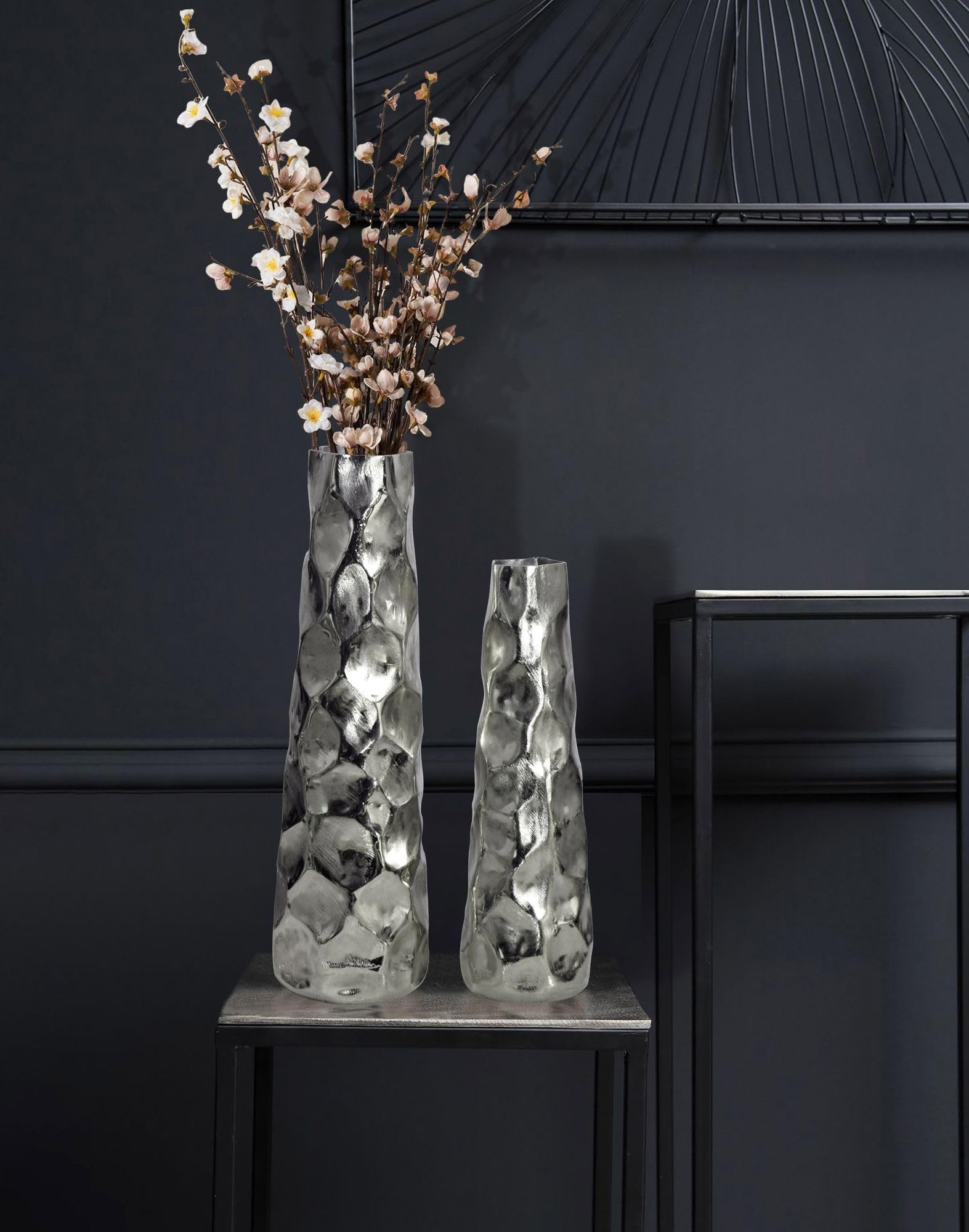 FineBuy Vase 2er Set Aluminium Silber Hammerschlag, Blumenvase | Dekovasen rund, Tischvasen handgefertigt, Wohndeko für Wohnzimmer, Sideboard und Esstisch, Tischdeko