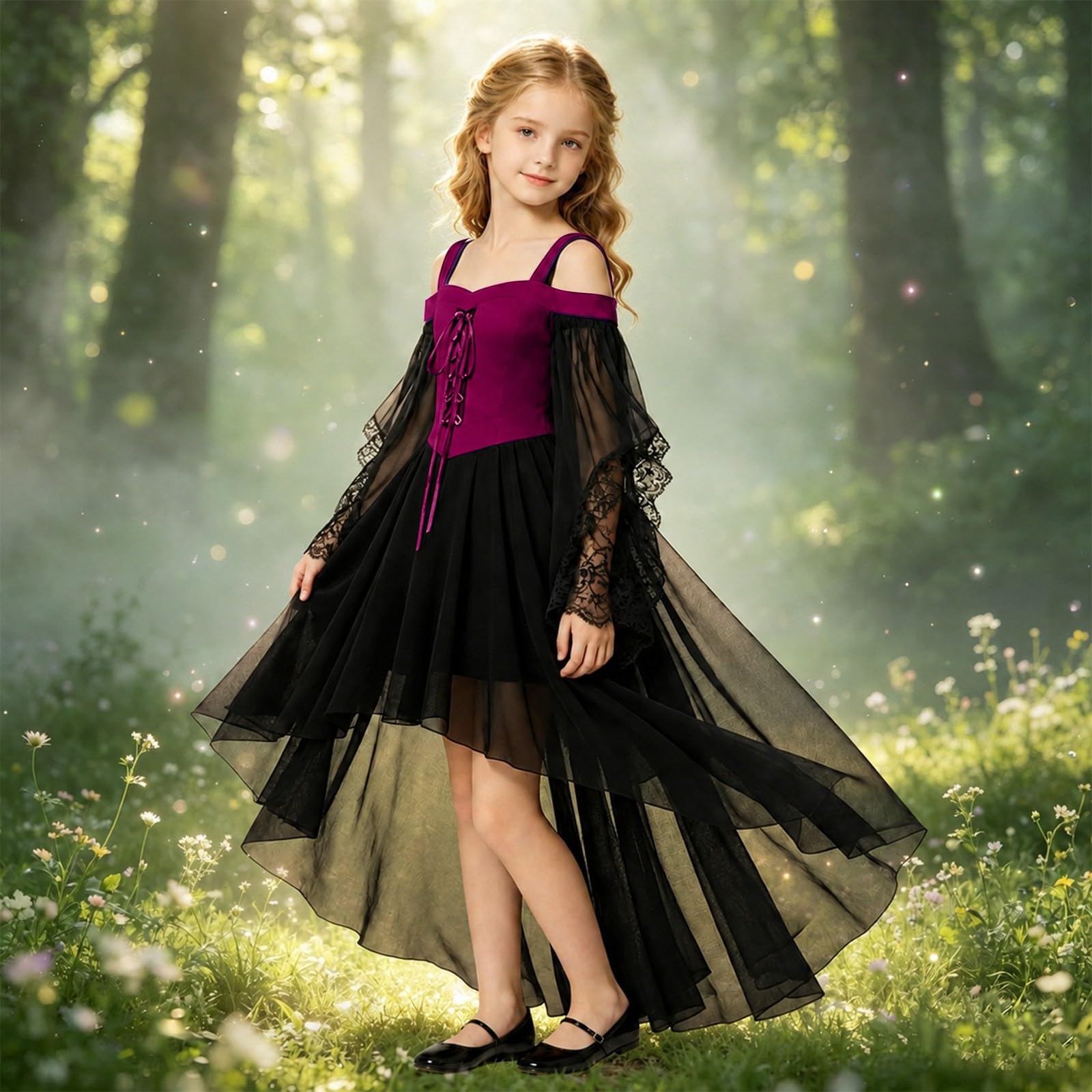 Vokuhila - Vestito medievale per Halloween, per bambine, gotico, cosplay | Vestito da principessa per bambini, a maniche lunghe, con spalle scoperte, in pizzo, stile vittoriano, vampiro, carnevale