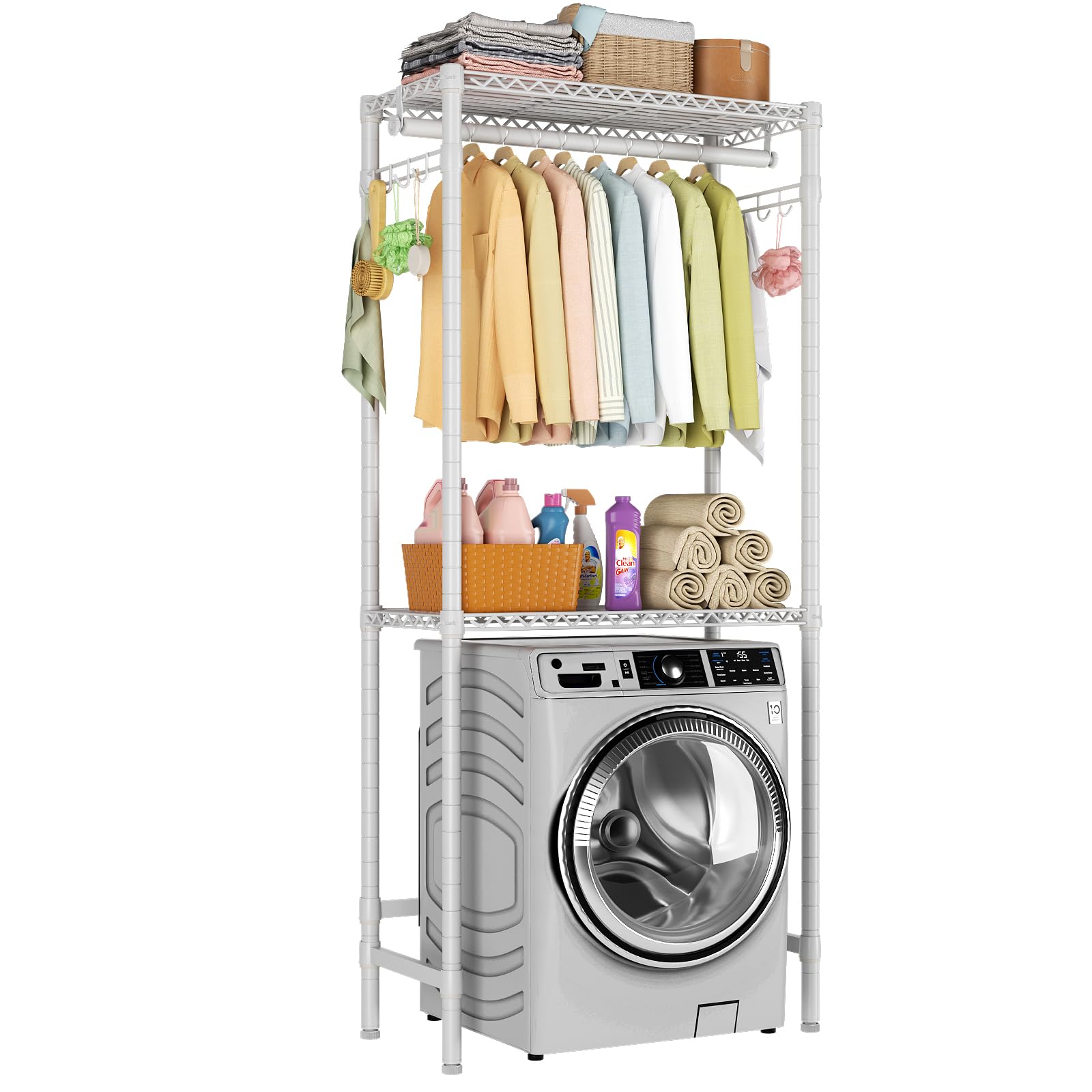 Golpart Over Washer and Dryer Shelves,2 Tier Adjustable Height Wire Shelving Laundry Room Storage Organization Clothes Drying Rack with Hanger Rod&Hooks,Space Saving Organizers Shelf,White