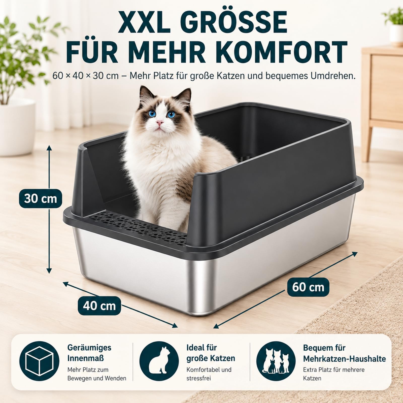 2er Set XXL Katzenklo Edelstahl 60×40×30 cm (37 L) – hoher Rand offene Katzentoilette Edelstahl für große Katzen & Mehrkatzenhaushalte, Metall Katzenklo geruchsfrei, auslaufsicher, inkl. Streuschaufel
