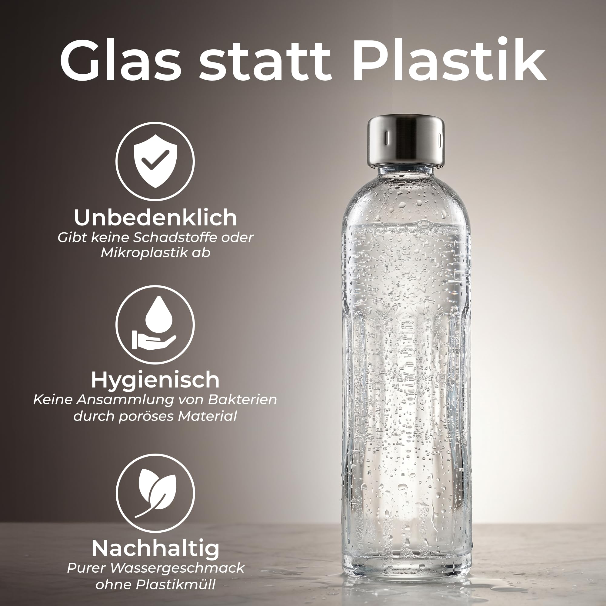 KLAMER Wassersprudler Edelstahl mit Glasflasche, 0,65 MPa Druck, One-Touch-Bedienung, Spülmaschinenfeste Glasflasche, Abtropfschale, Kompatibel mit Standard CO2 Zylinder 60mm
