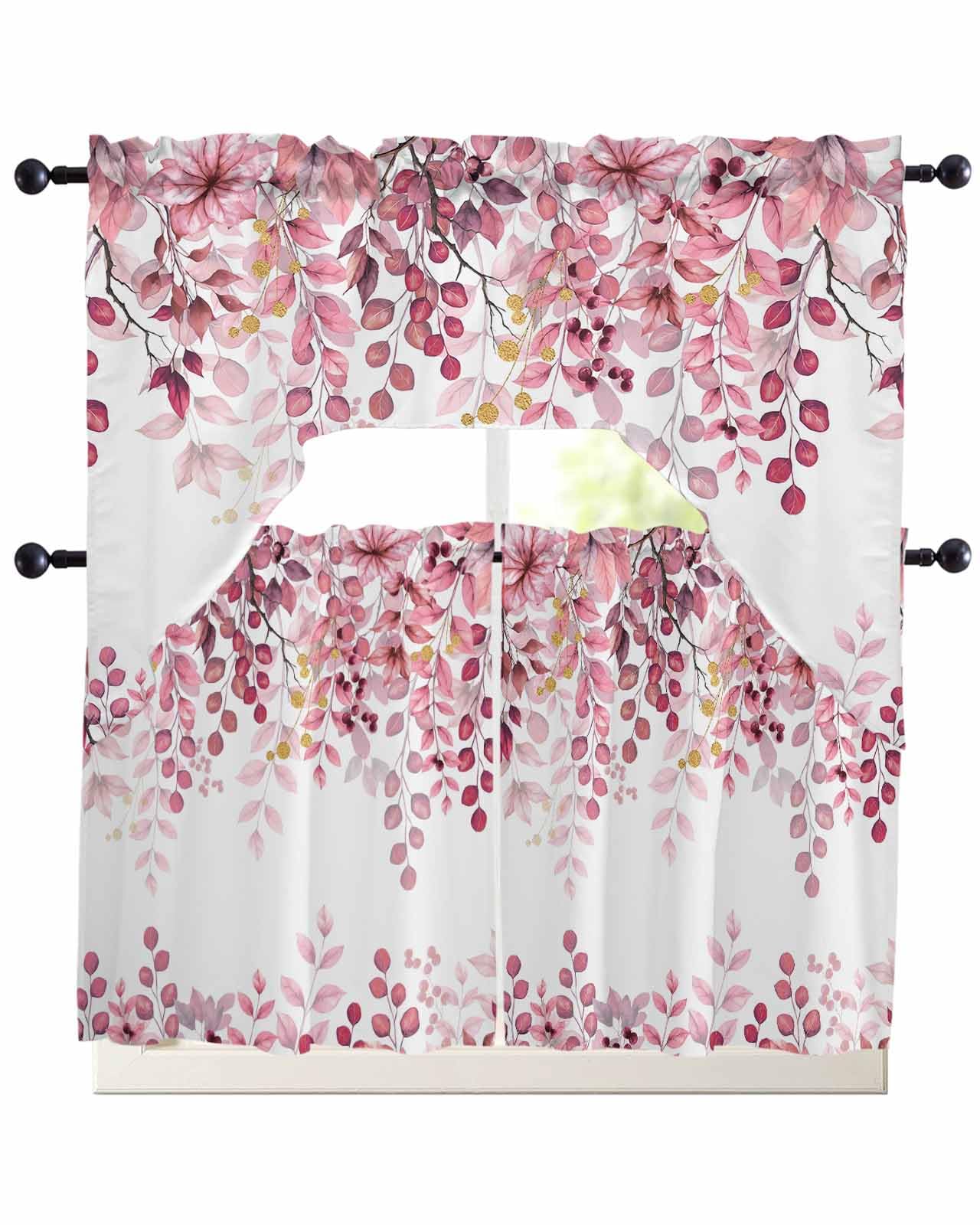Pink Eucalyptus Leaves Swag Curtains Valance and Tier Set, Rod Pocket 3 Piece Kitchen Curtains Over Sink Watercolor Botanical Swag Valances and Tier