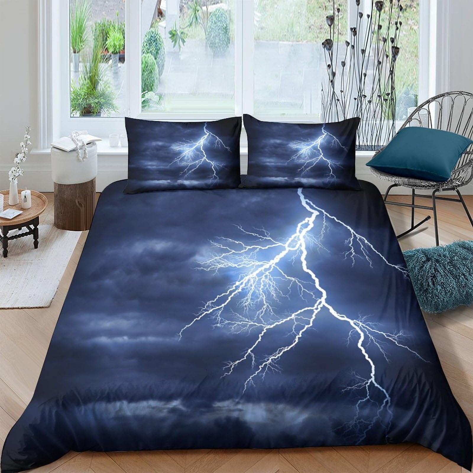 Ctjqhvkz Style-1 3D Printed Thunderstorm Lightning Fitted Sheet Microfiber Dark Blue Mattress Cover For Bedroom Dorm Decor Protection Single（135X200cm）