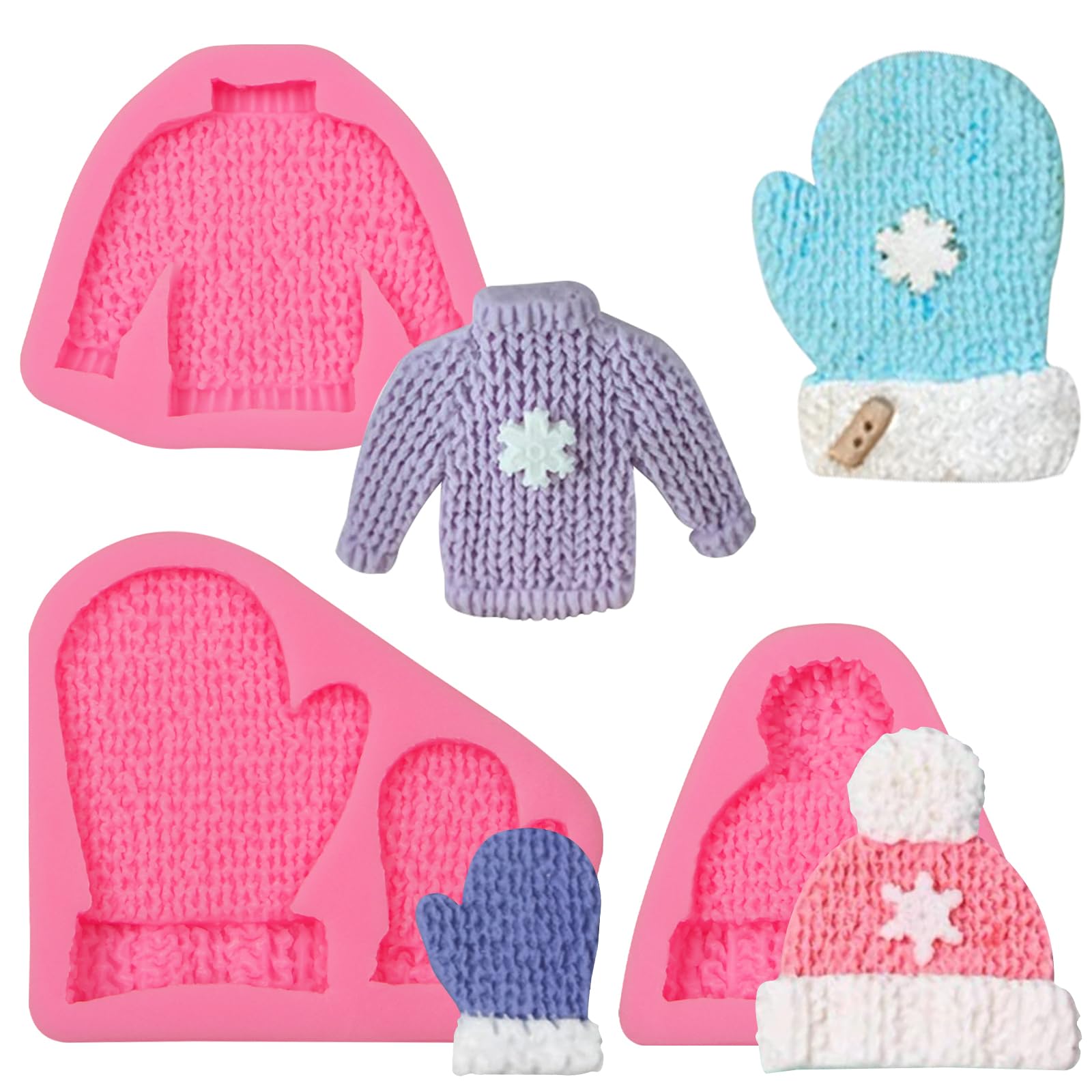 Knitting Sweater Clay Molds Siliocne, 3 Packs Christmas Hat Glove Chocolate Molds for Cake Decoration Cupcake Toppers for Christmas Baby Birthday Party, Resin Candy Polymer Clay