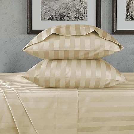 URBANHUT 800 Thread Count Egyptian Cotton Damask Striped Full Size Sheets Set (4 Pc) - Ultra Soft & Smooth, Sateen Weave Full Size Bed Sheets, Luxury Hotel Sheets with 16" Deep Pocket - Sand