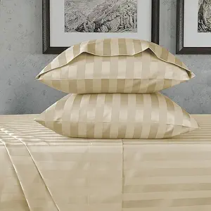 URBANHUT 800 Thread Count Egyptian Cotton Damask Striped Full Size Sheets Set (4 Pc) - Ultra Soft & Smooth, Sateen Weave Full Size Bed Sheets, Luxury Hotel Sheets with 16" Deep Pocket - Sand