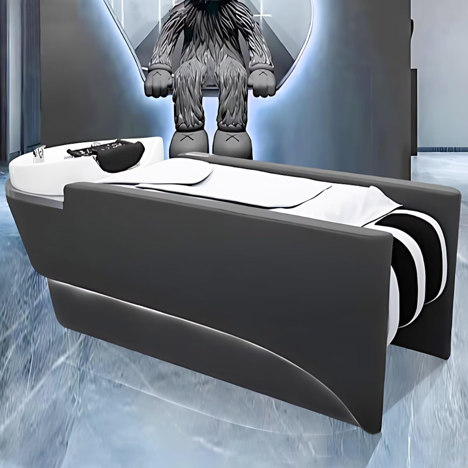 Professionelles Salon-Shampoo-Bett mit Keramikbecken und Massageliege, Design aus schwarzem Glas und Stahl, Kopf-Spa-Ausstattung und Kosmetikliege für vielfältige Zwecke