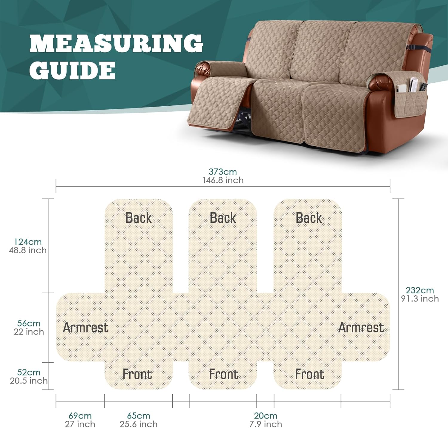 Ruaozz Waterproof Recliner Couch Covers Sofa Slipcovers Washable 1-Piece Recliner Covers Non-Slip Furniture Protector with Elastic Straps Pocket for Kids, Pets (Light Brown, 3 Seater)