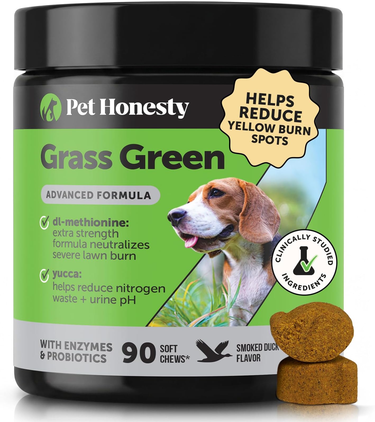 Grass Green Advanced Formula Dog Urine Neutralizer for Lawn Burns - Lawn Saver Supplement for Yellow Spots & Brown Grass, Urinary Health, DL-Methionine, Probiotics & Enzymes (Duck, 90 Ct)