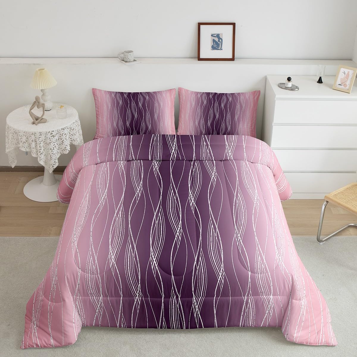 Erosebridal Ombre Pink and Purple Comforter Set Kids Pastel Watercolor Gradient Girls Queen Bedding Set Abstract Geometric Wavy Stripe Quilt Comforter