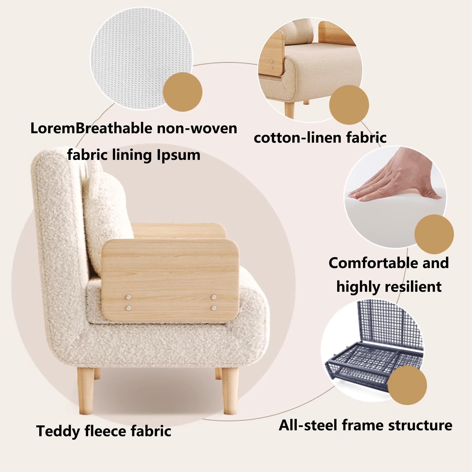 Klappsofa mit Schlaffunktion Zwei Bezugsstoffe Hochelastischer Schaumstoff Seitenteile aus Massivholz Recamiere Beige Geeignet für Schlafzimmer, Wohnzimmer und Büro(A)