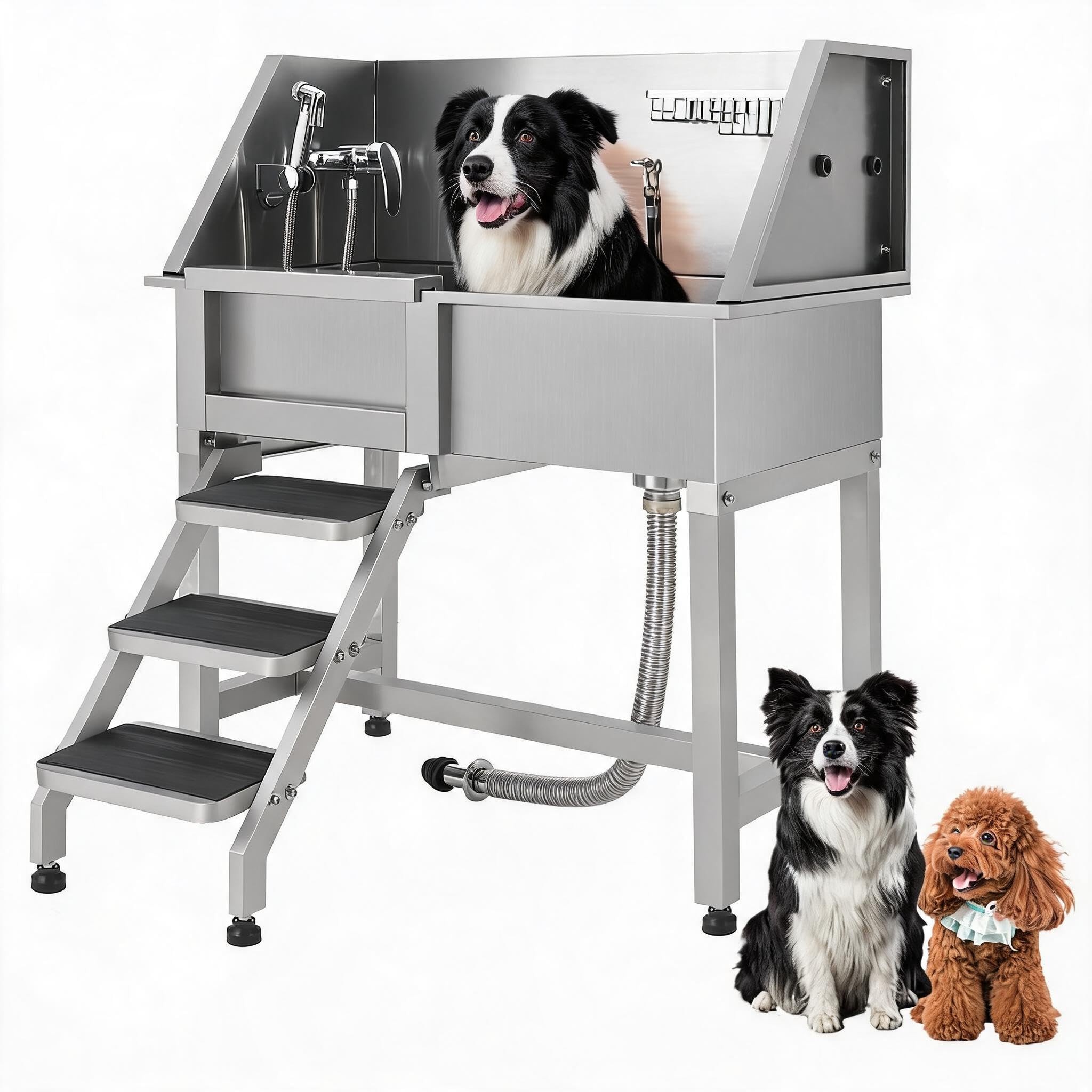 Hundewaschstation aus Edelstahl 86cm große Tierpflegewanne mit Rampe