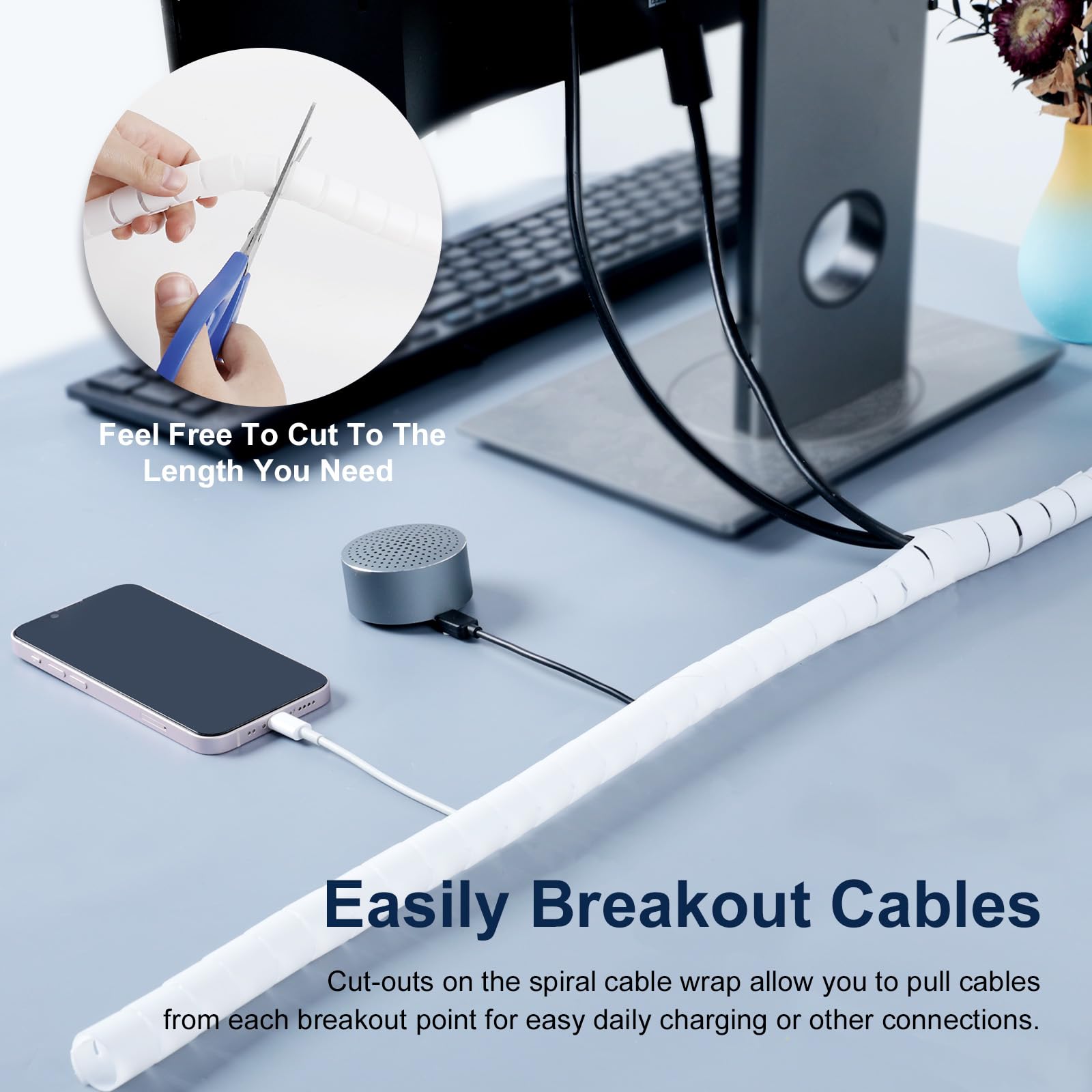 Romon Pack of 2 Cable Sleeves, 22-28 mm x 3 m Spiral Hose Cable Organiser with 1 Cable Clip - Image 2