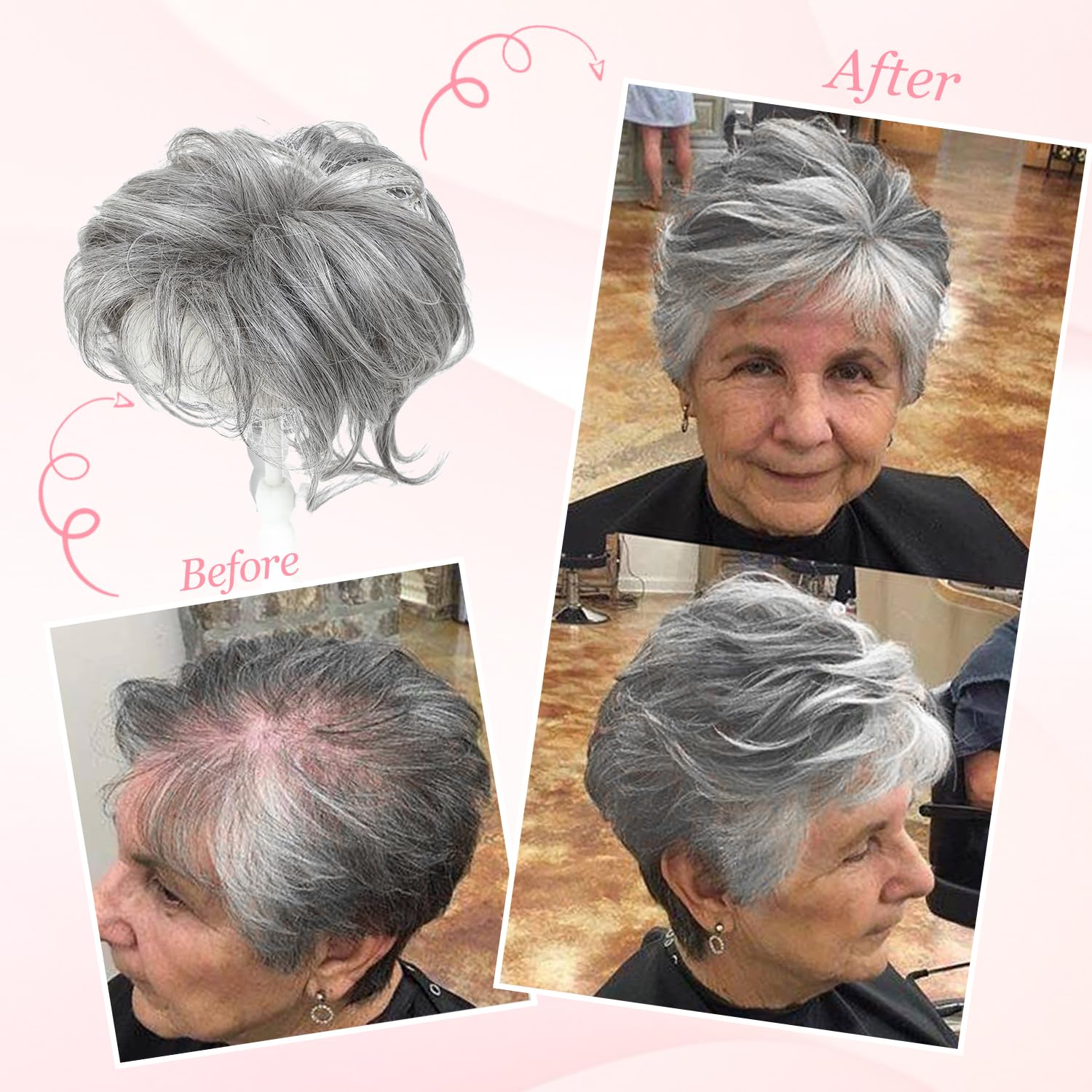 Grey Hair Topper for Women with Thinning Hair Short Pixie Cut Toppers Hair Pieces for Women Hair Topper for a Voluminous, Trendy Style - Perfect for Thin or Fine Hair Add Volume & Style with Seamless Grey Mix