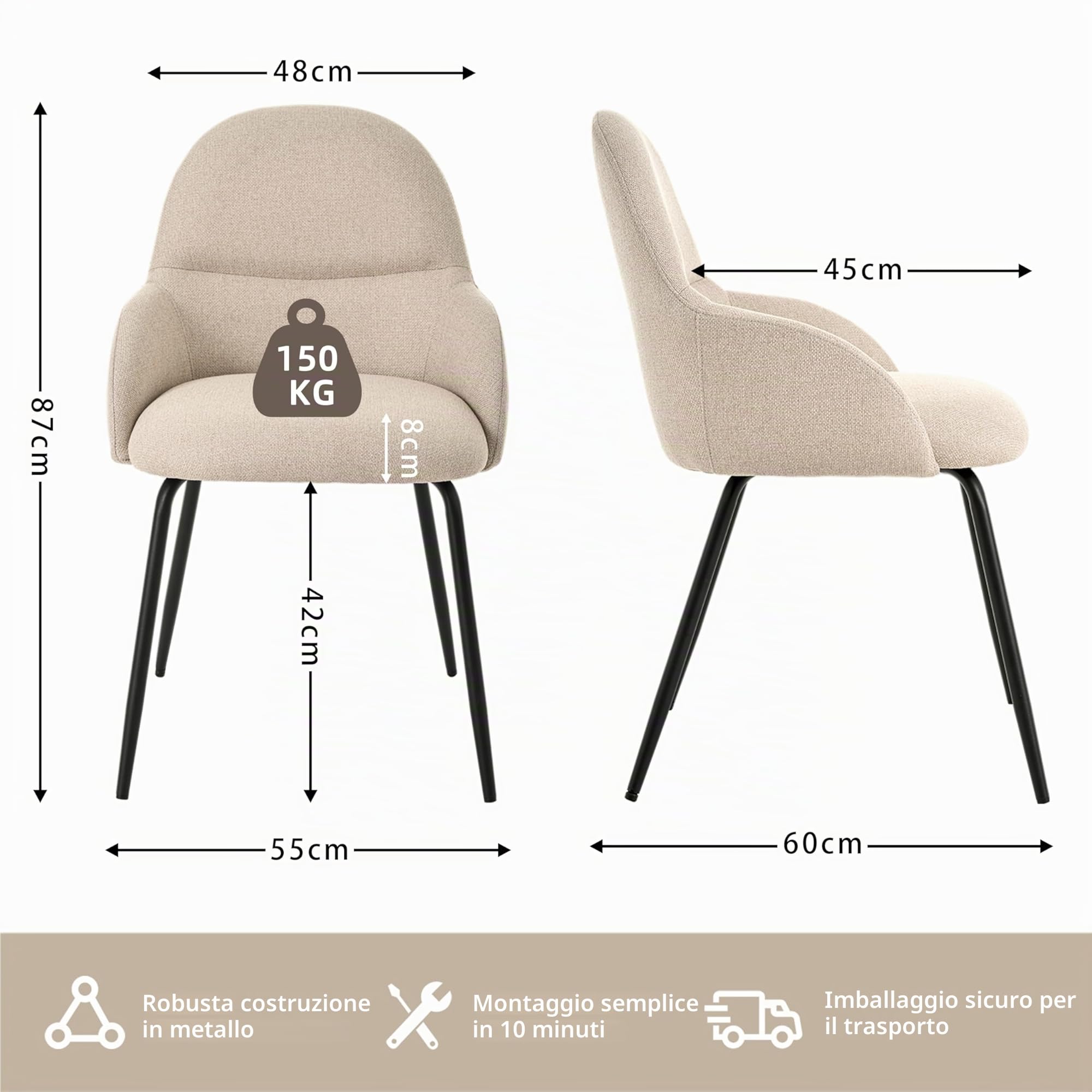 Set di 4 sedie per sala da pranzo con braccioli – Sedie ergonomiche imbottite, moderne sedie da cucina con rivestimento in lino e gambe in metallo, sedie imbottite per soggiorno, sala da