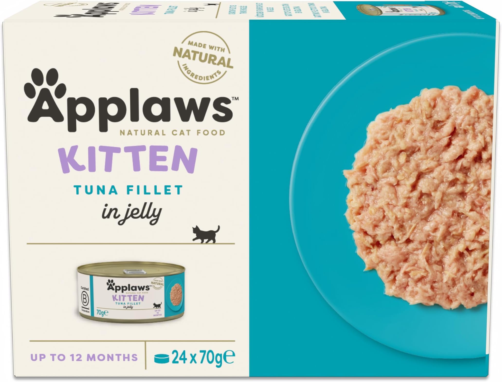 Natural Wet Cat Food, Kitten Tuna Multipack in Jelly 70 g Tin - 4x6 (Total 24 Tins)