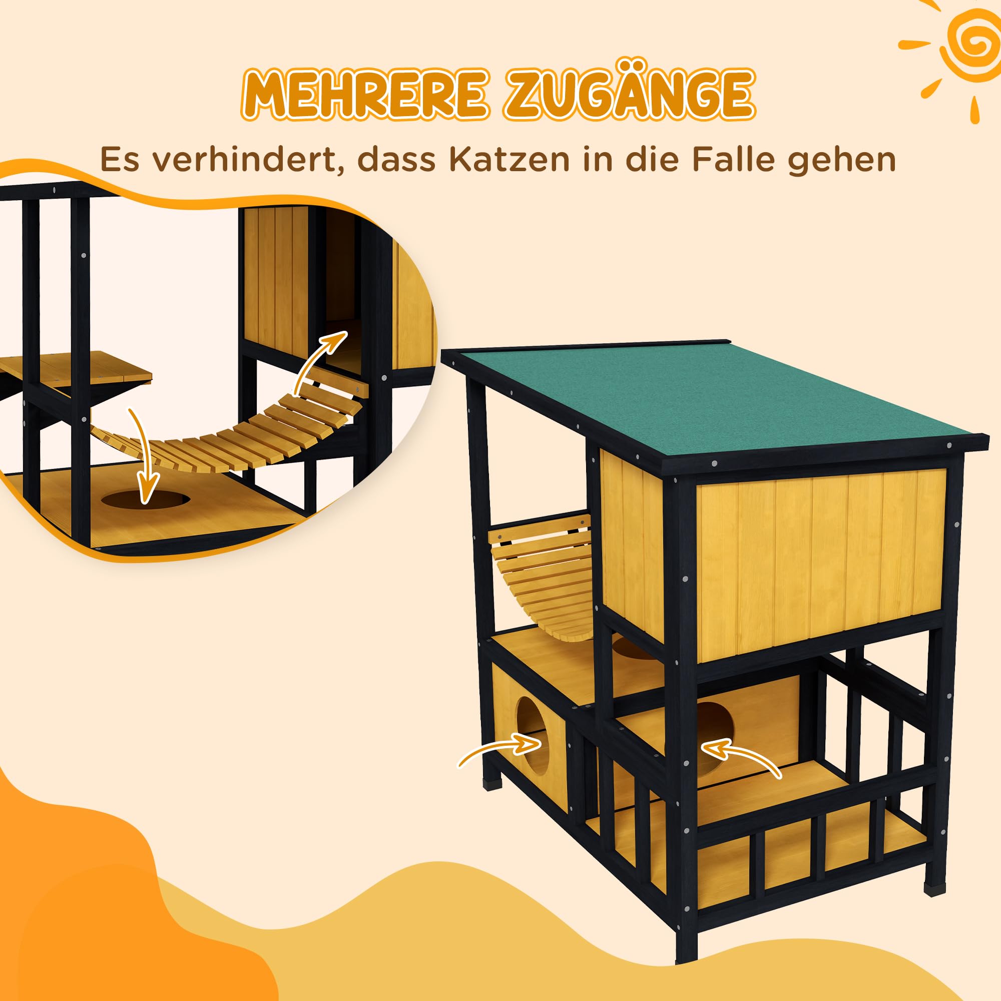 PawHut Katzenhaus aus Holz Wetterfest für 1-2 Katzen 84,5x60x88 cm Gelb | Katzenhöhle für Draußen, Katzenhütte mit Asphaltdach, Hängebrücke, Balkon, Plattform, Schutzhütte, bis 5 kg