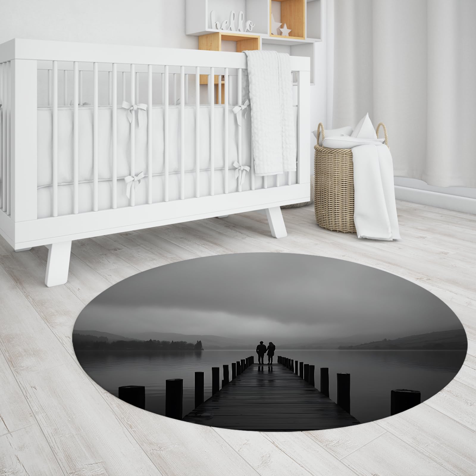 Paar Silhouette Runder Teppich 180cm - Schwarz Weiß Brücke Szene Kreis Matte rutschfest Waschbar Weich für Schlafzimmer Balkon Wohnkultur Studio Schlafsaal