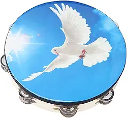 Tambor de Mão de Pandeiro de 10 Polegadas Com Superfície PET, Jingles de Aço Inoxidável para Acompanhamento de Bandas, Pandeiro de Madeira Maciça Azul para Igrejas karaokê (pomba do céu)