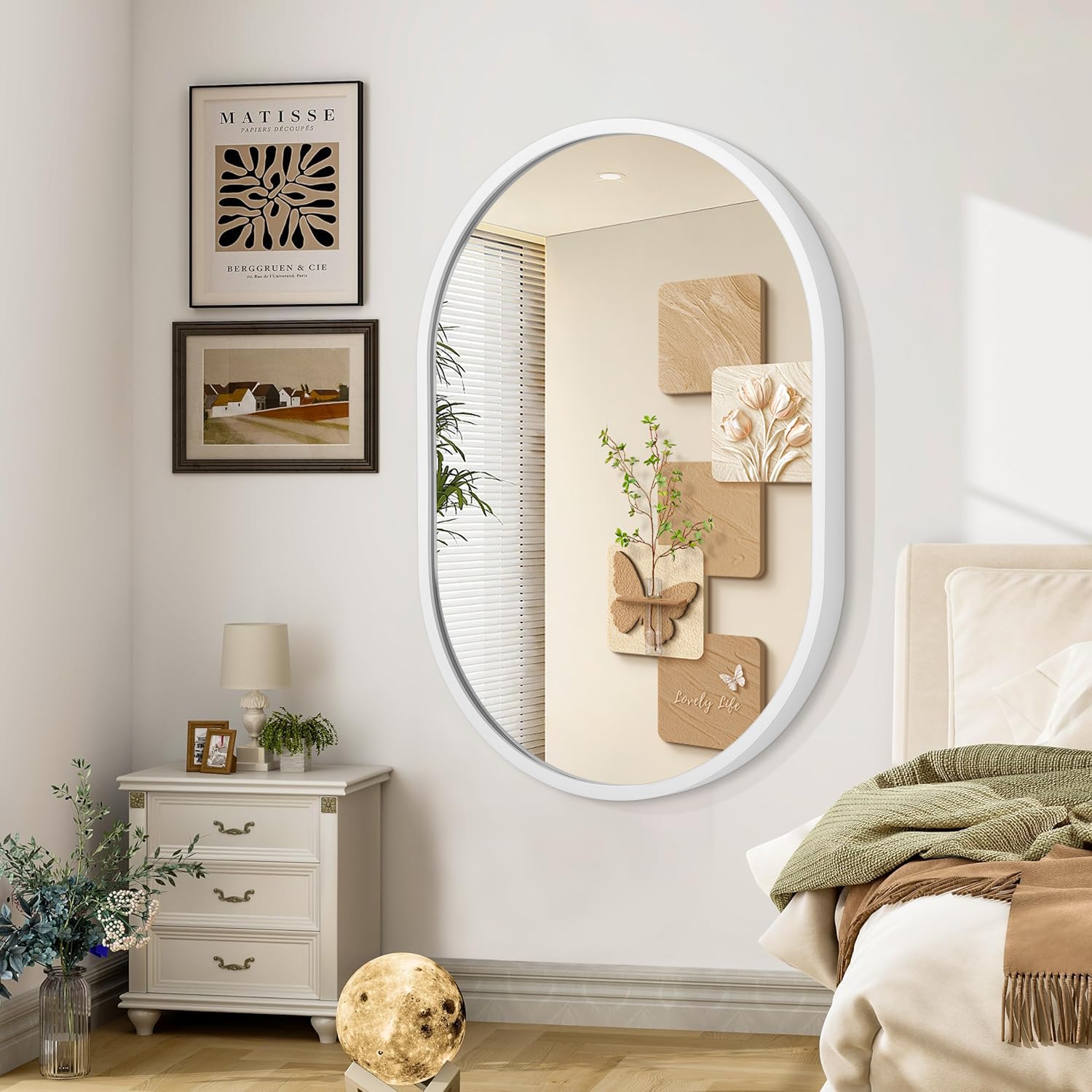 JJUUYOU Oval Bathroom Mirror Metal Frame Mirrors for Wall Mounted 90ร60 CM Large White Aluminum Alloy Mirror Decorative for Living Room Bedroom Entryway Halls Horizontal or Vertical Hanging Mirrors