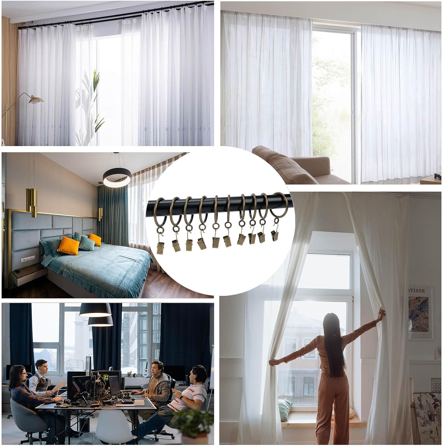 Curtain-Clip Rings with Hooks Drapery-Decorative - 1.25 Inch Inside Diameter Included Pin Hooks and Clips Designed to Effortlessly Hold Up 2 Standard Curtains 24Pcs Bronze Exselens