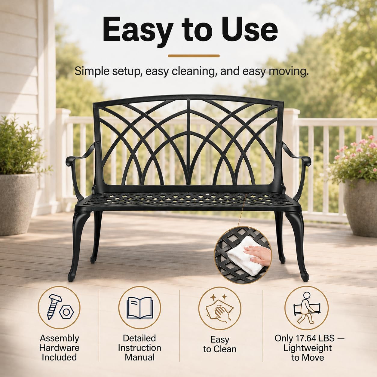 38" Outdoor Bench,Metal Outside Benches for Garden,Patio,Front Porch, Park, Yard, with Armrest and Backrest,Weatherproof,Water Resistant,Aluminum,Support up to 550lbs,Black