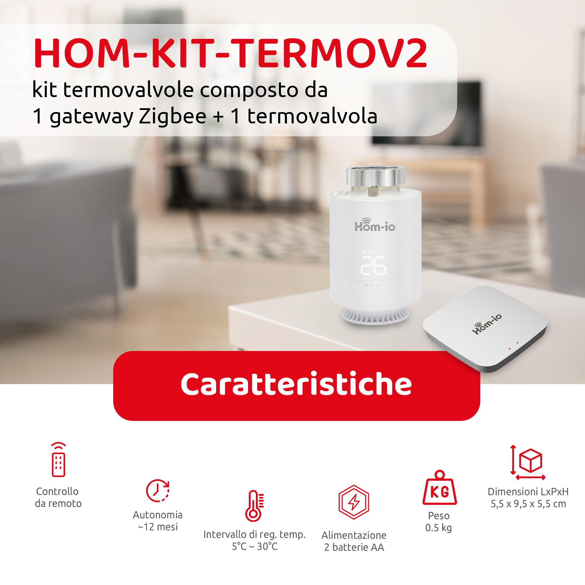 HOM-KIT-TERMOV2 Kit Valvole Termostatiche Smart WiFi, Testa Termostatica e Gateway Zigbee per Controllo Intelligente Riscaldamento, Compatibile Alexa e Google Home