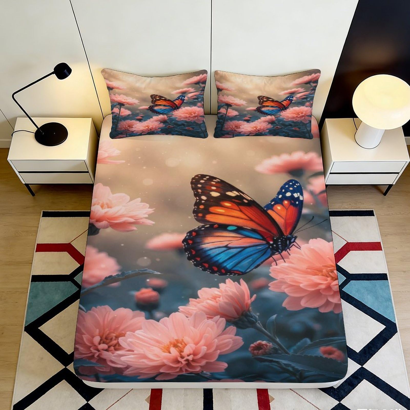 3D Printed Butterfly Floral Fitted Sheet Microfiber Non-Slip Mattress Cover Machine Washable for Bedroom Guest Room 180x200x25cm